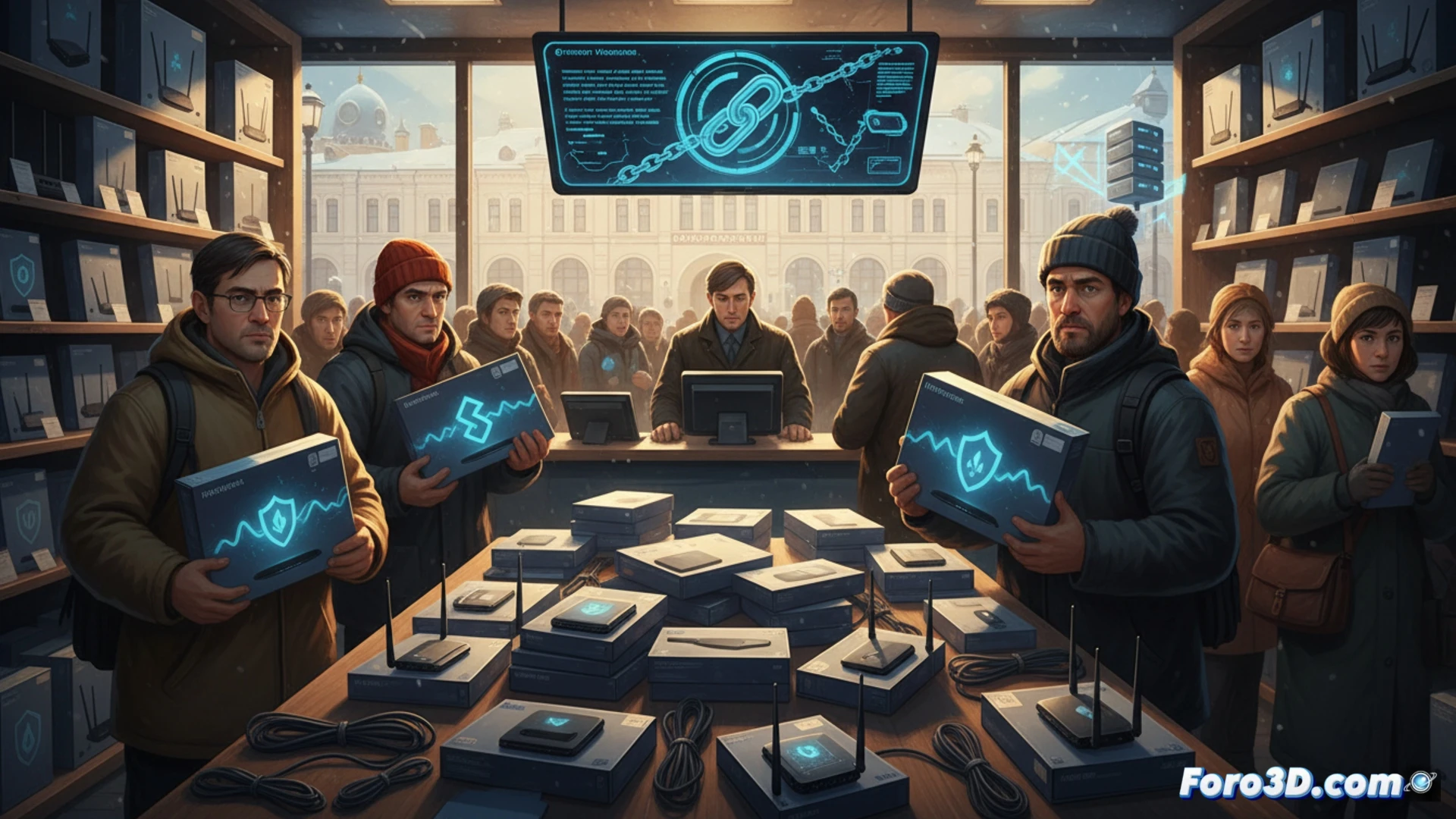 Un router doméstico sobre un mapa de Rusia, con líneas de conexión eludiendo barreras rojas de bloqueo.