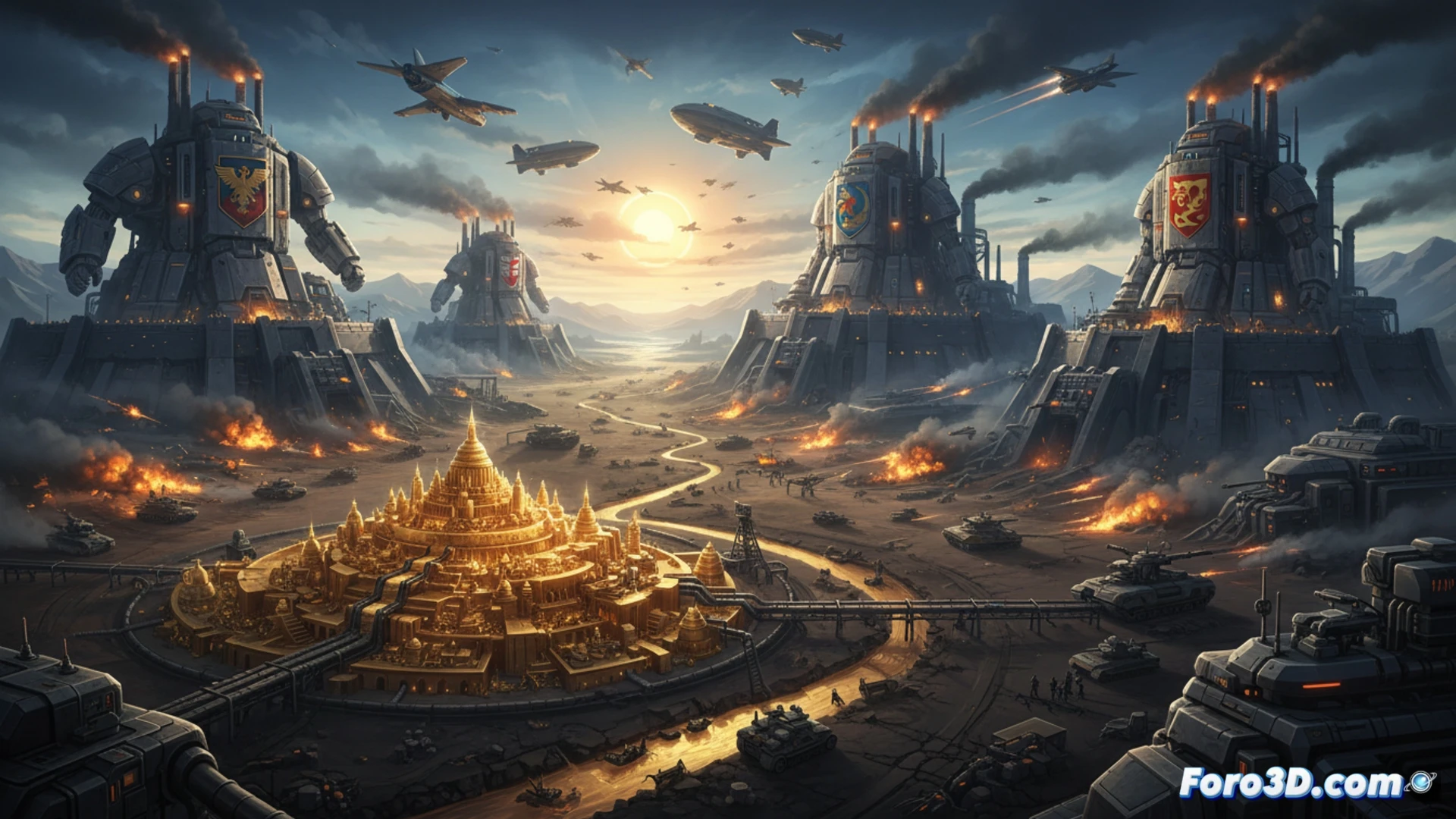 Un mapa mundial con flechas de crecimiento del 40% sobre siluetas de tanques y aviones de combate, bajo un cielo tormentoso.