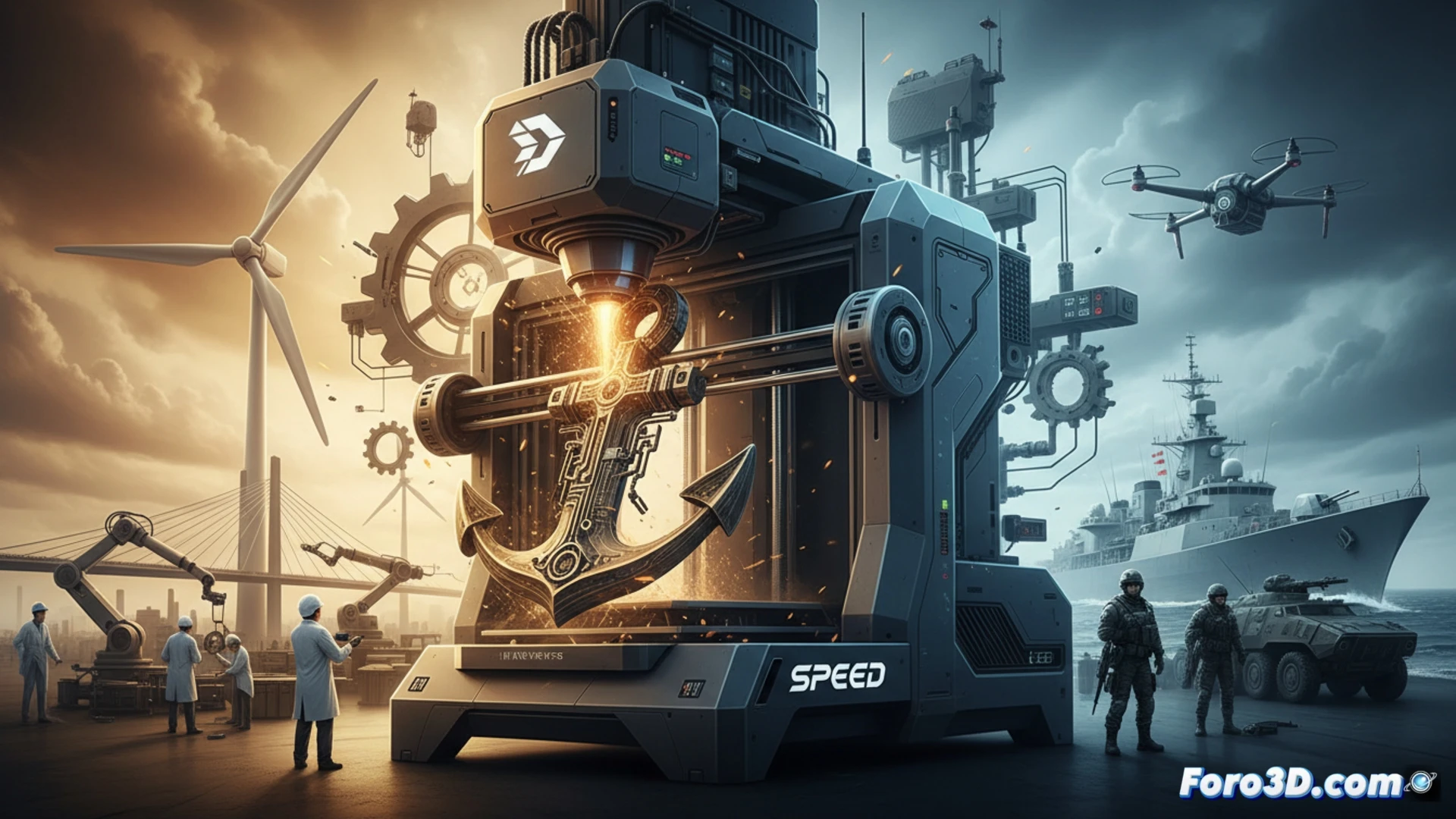 Una impresora 3D SPEE3D fabrica una pieza metálica de bronce NAB en un taller australiano.