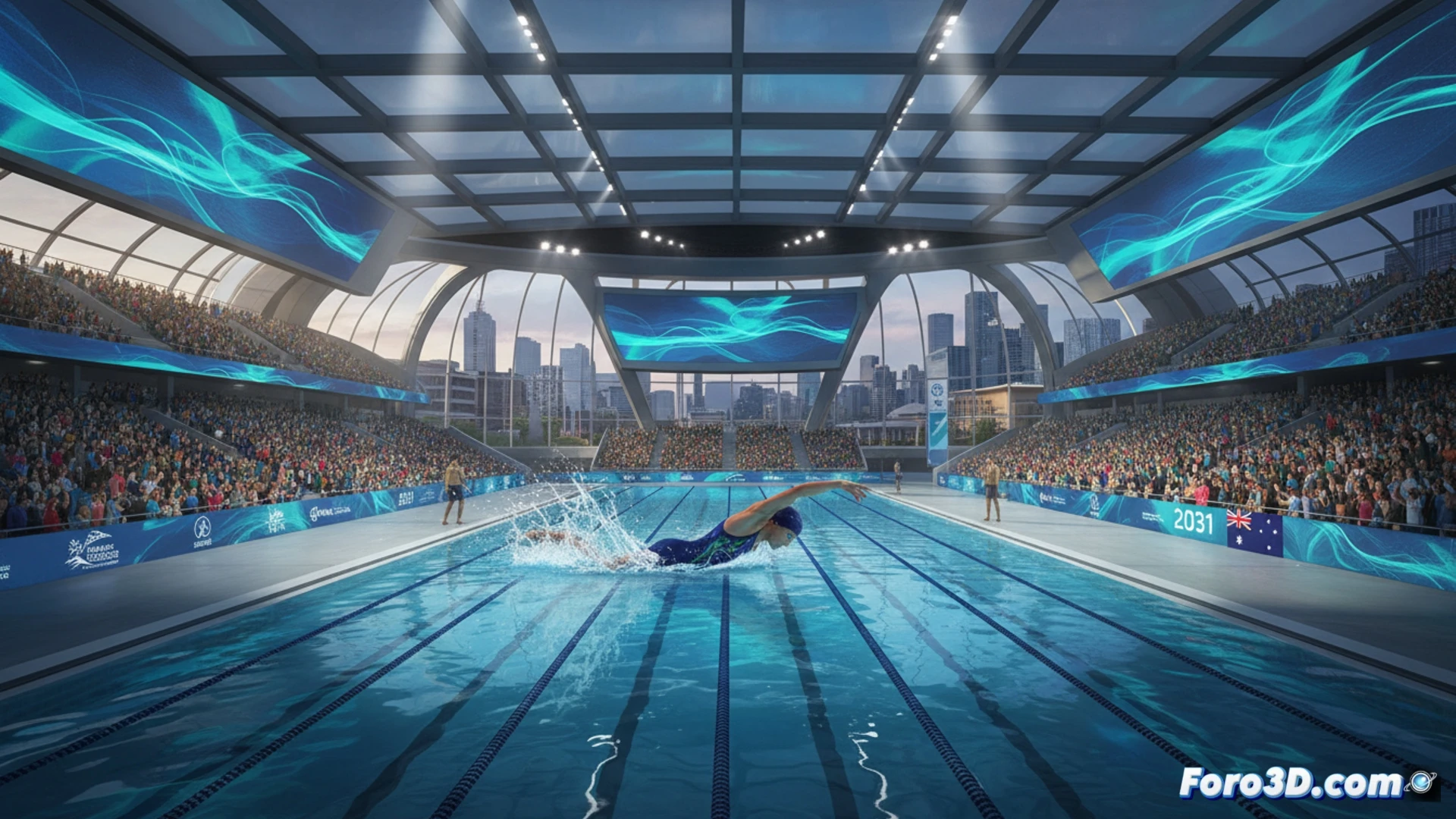 Melbourne acoge Mundiales de Natación 2031 tras renuncia de España. Nadadores en piscina olímpica.