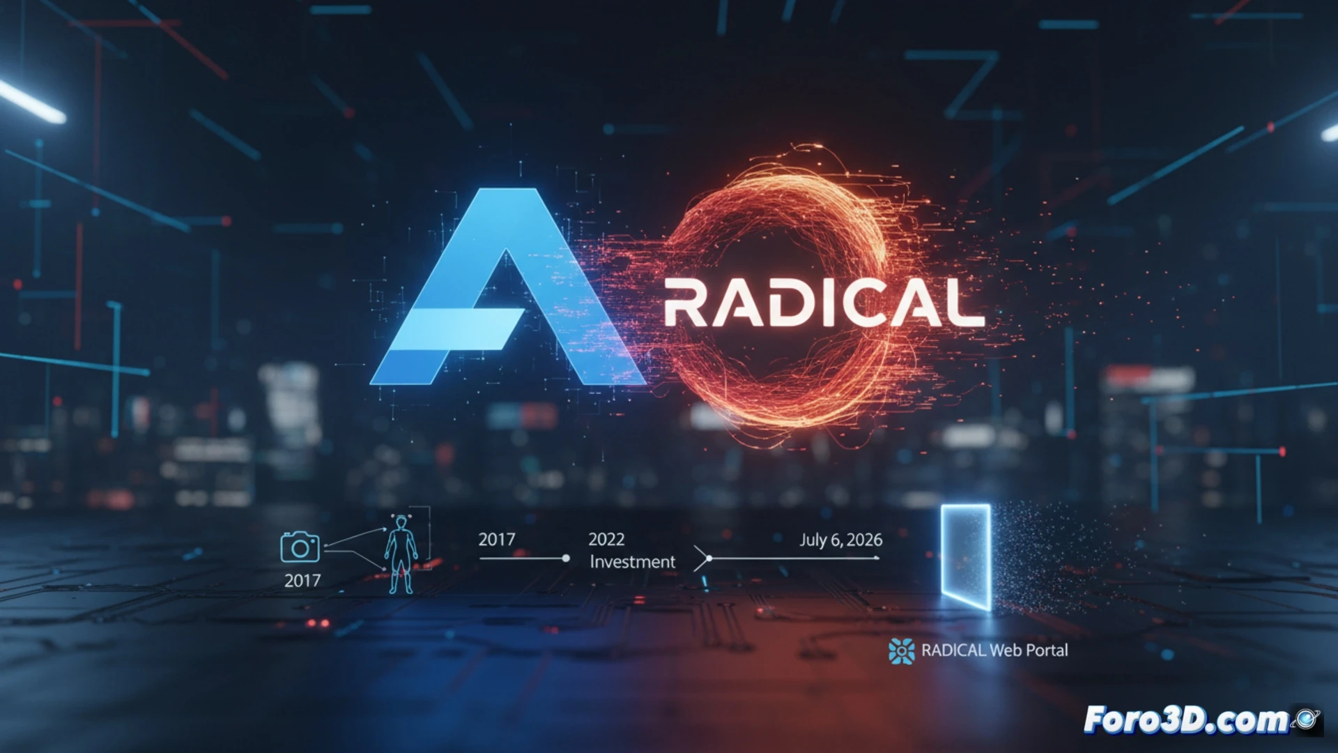 Una mano digital sostiene un esqueleto 3D sobre un fondo con logos de Autodesk y RADiCAL.