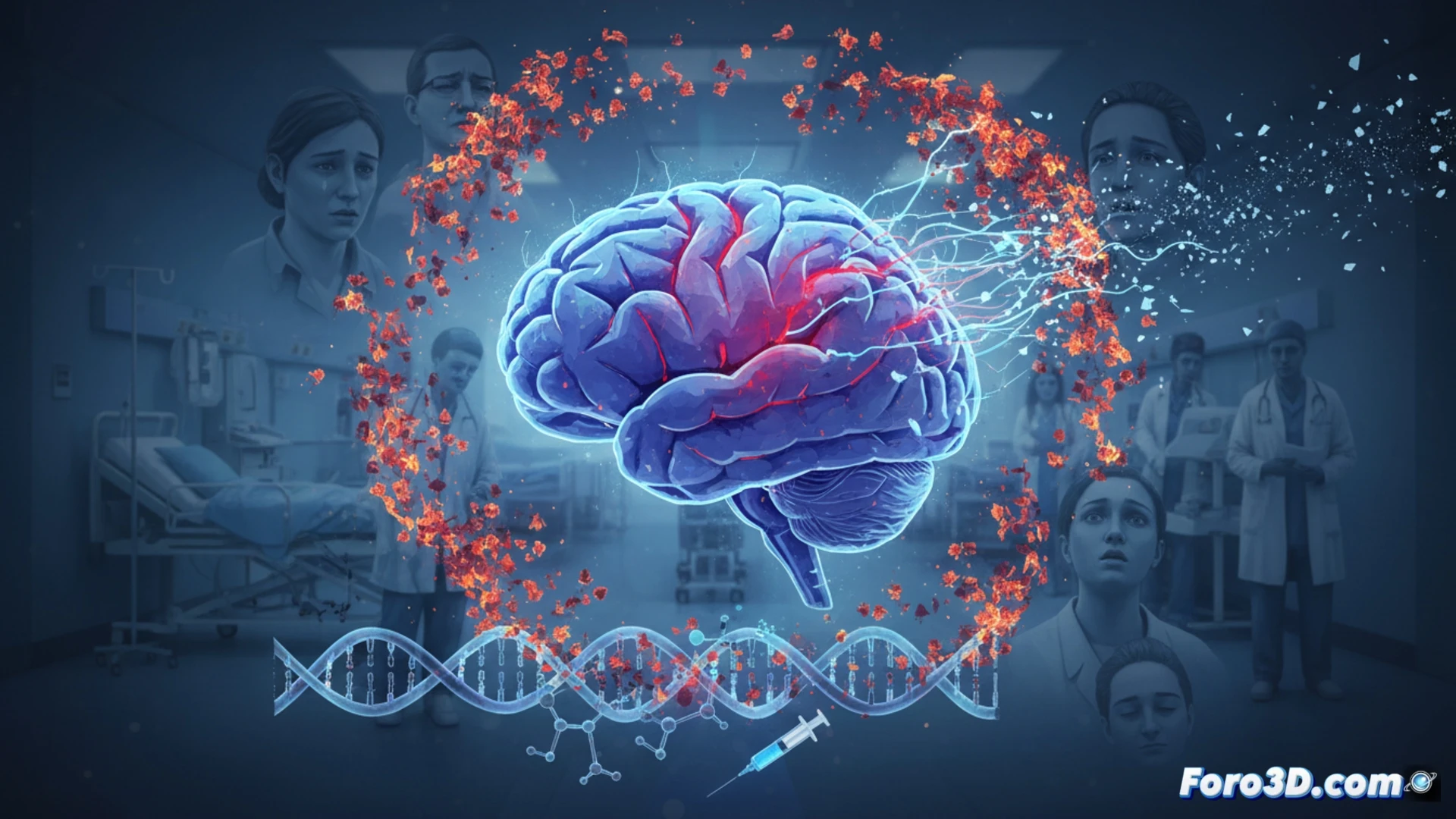 Representación 3D de anticuerpos atacando sinapsis neuronales en un cerebro afectado por autoinmunidad.