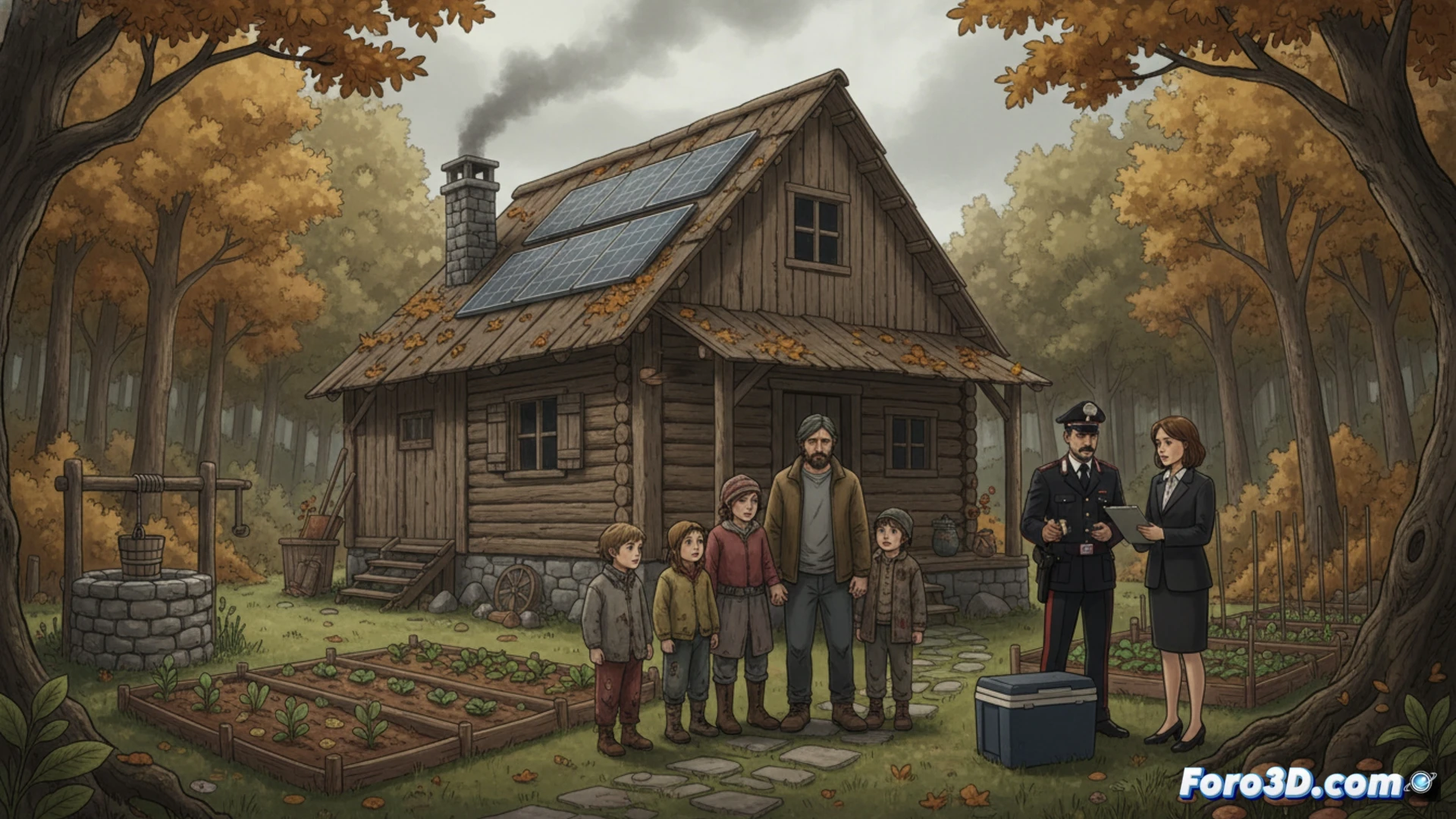 Una familia en un bosque, con paneles solares y un huerto, mientras un documento judicial se superpone al paisaje.
