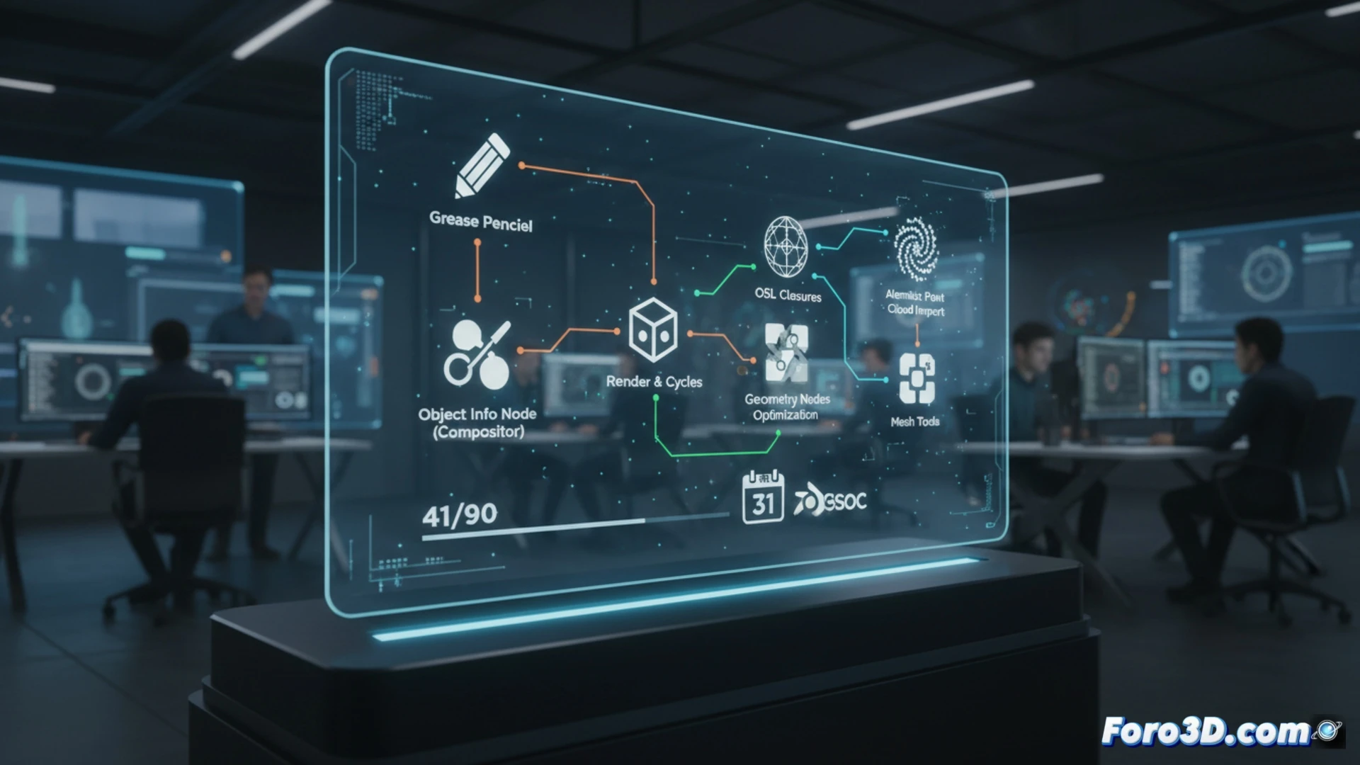 Una imagen que muestra la interfaz de Blender con ventanas de código y gráficos 3D, destacando herramientas de Grease Pencil y renderizado Cycles.