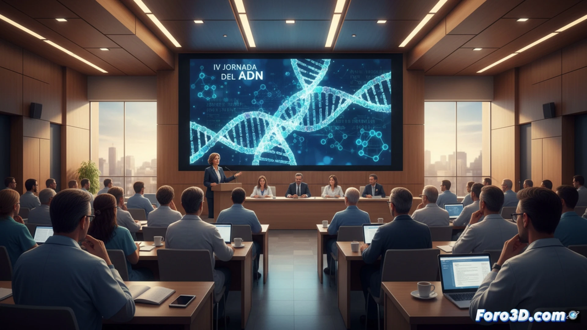 Médicos en el Hospital de Jaén examinan una doble hélice de ADN luminosa, con pantallas de datos genómicos al fondo.