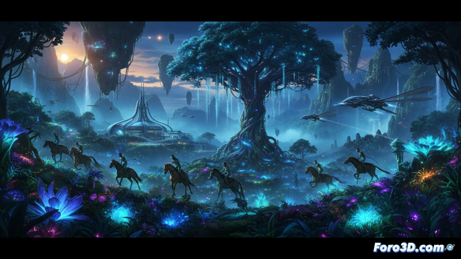 James Cameron supervisa planos 3D en una sala de preproduccion digital para Avatar, con pantallas que muestran escenas de Pandora.