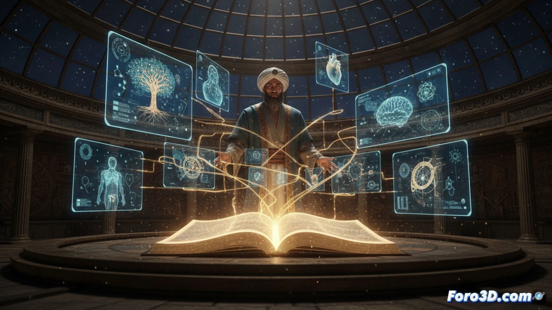 Representacion 3D interactiva de los conceptos filosoficos y medicos del pensador Avicena.