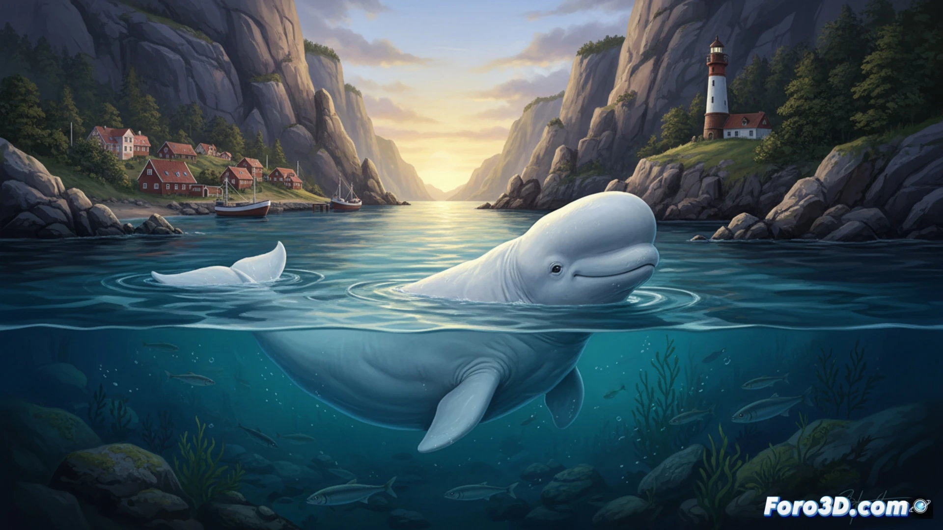 Una beluga blanca nada sola en las frías aguas azules de un angosto fiordo entre colinas verdes.