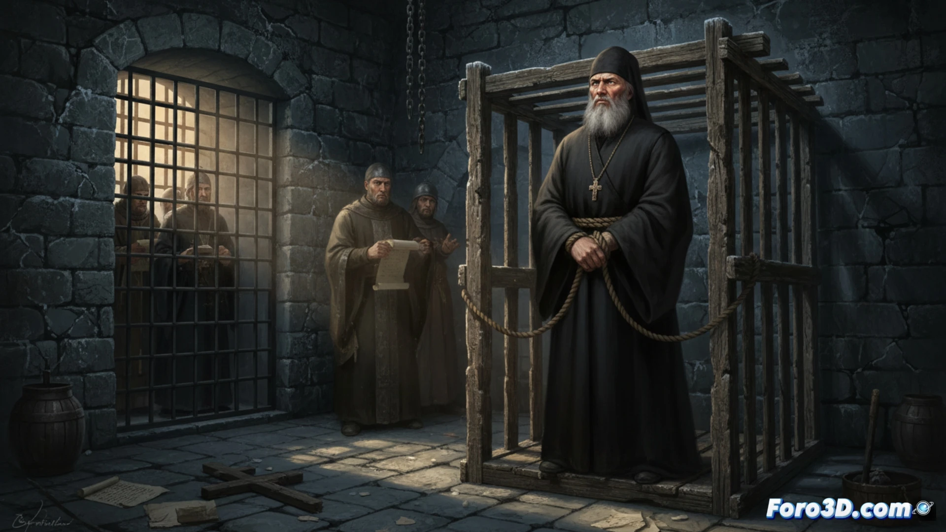 Un viejo creyente ruso, Avvakum, escribe su autobiografía en una celda oscura, rodeado de iconos tradicionales.