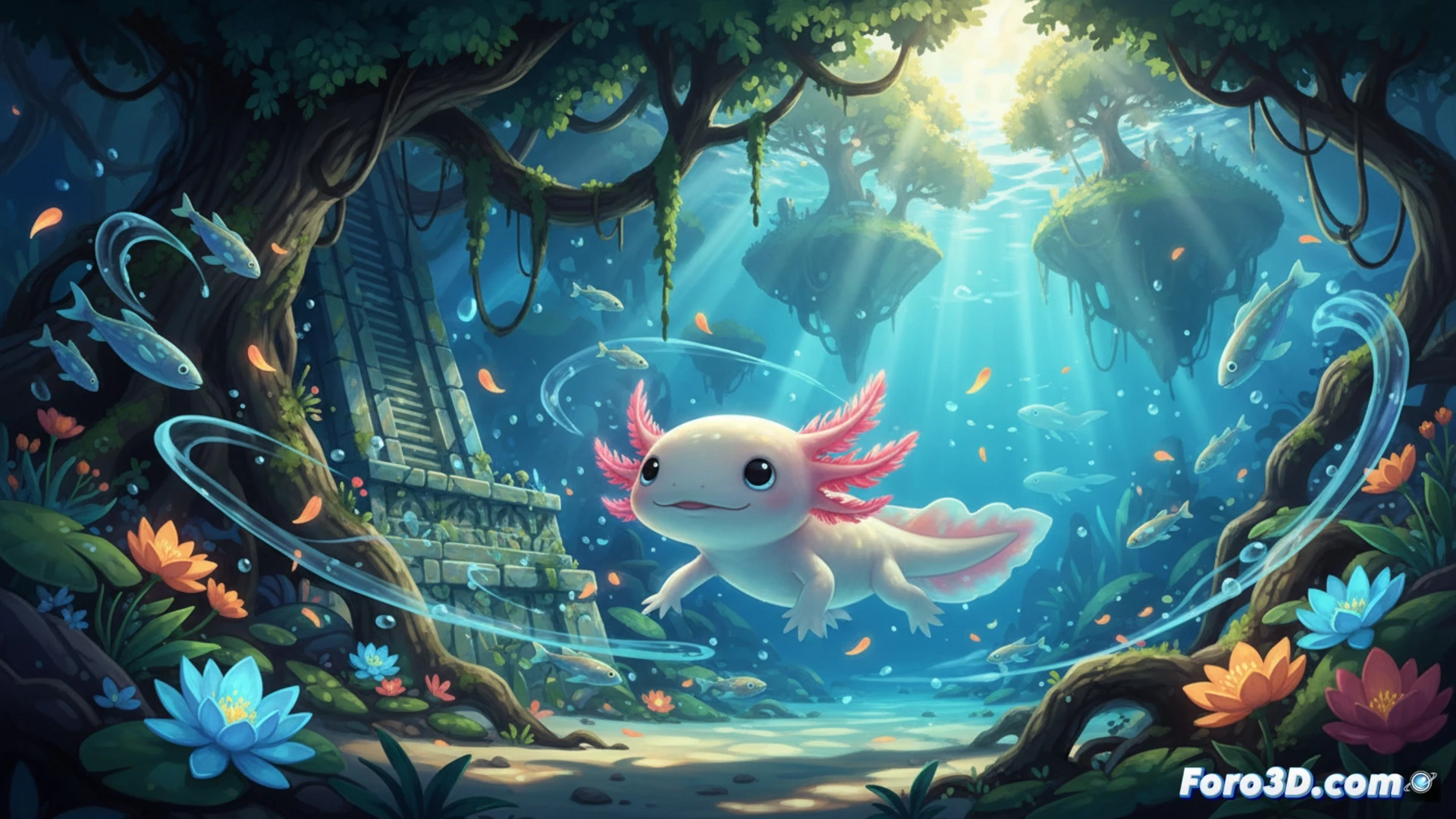 Un ajolote nada en un lago mágico, con un estilo visual que mezcla la calidez de Disney y la poesía de Ghibli.