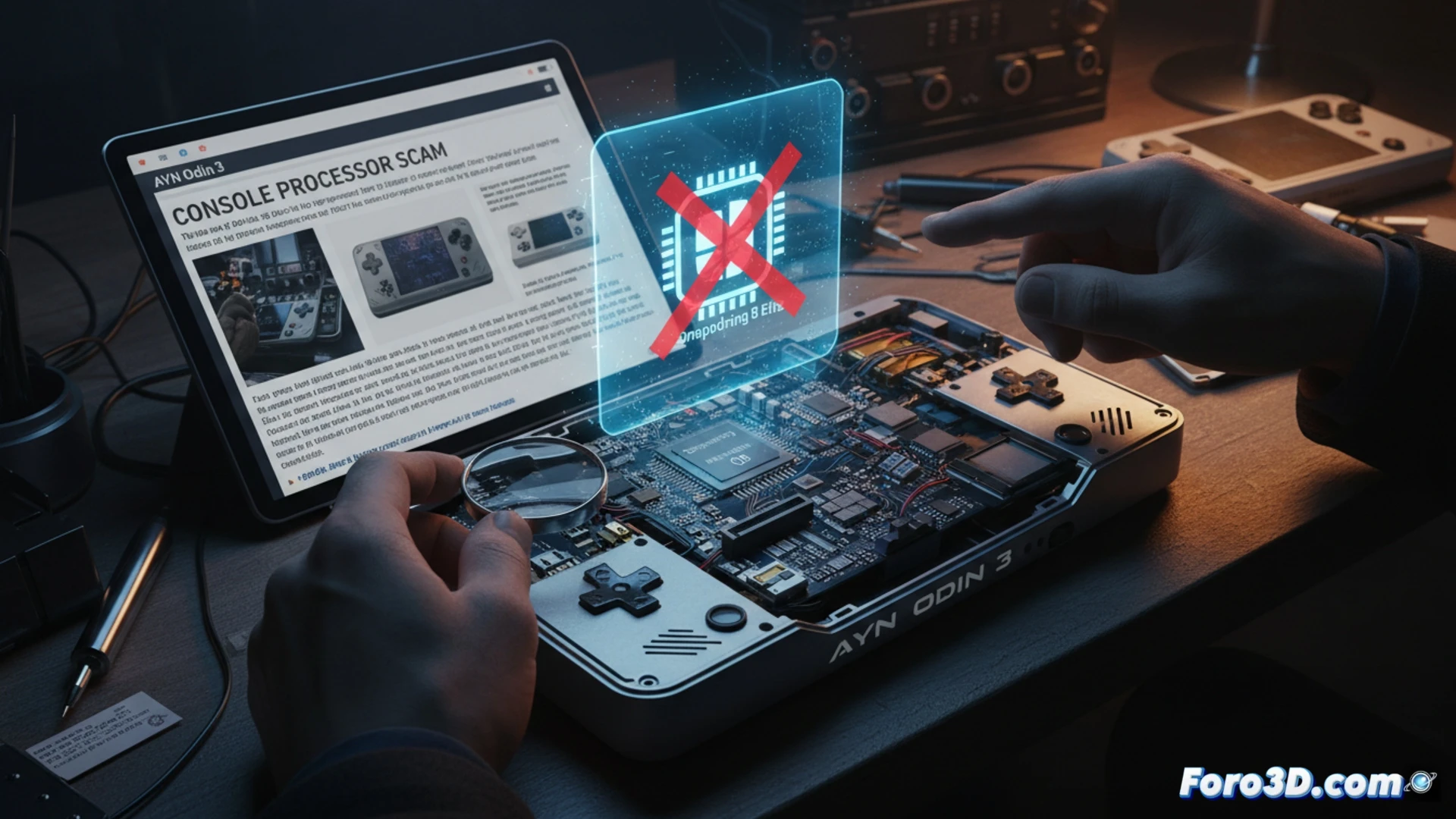 Un portátil retro Odin 3 abierto, mostrando su chip real 'Dragonwing Q8' en lugar del prometido Snapdragon 8 Elite.