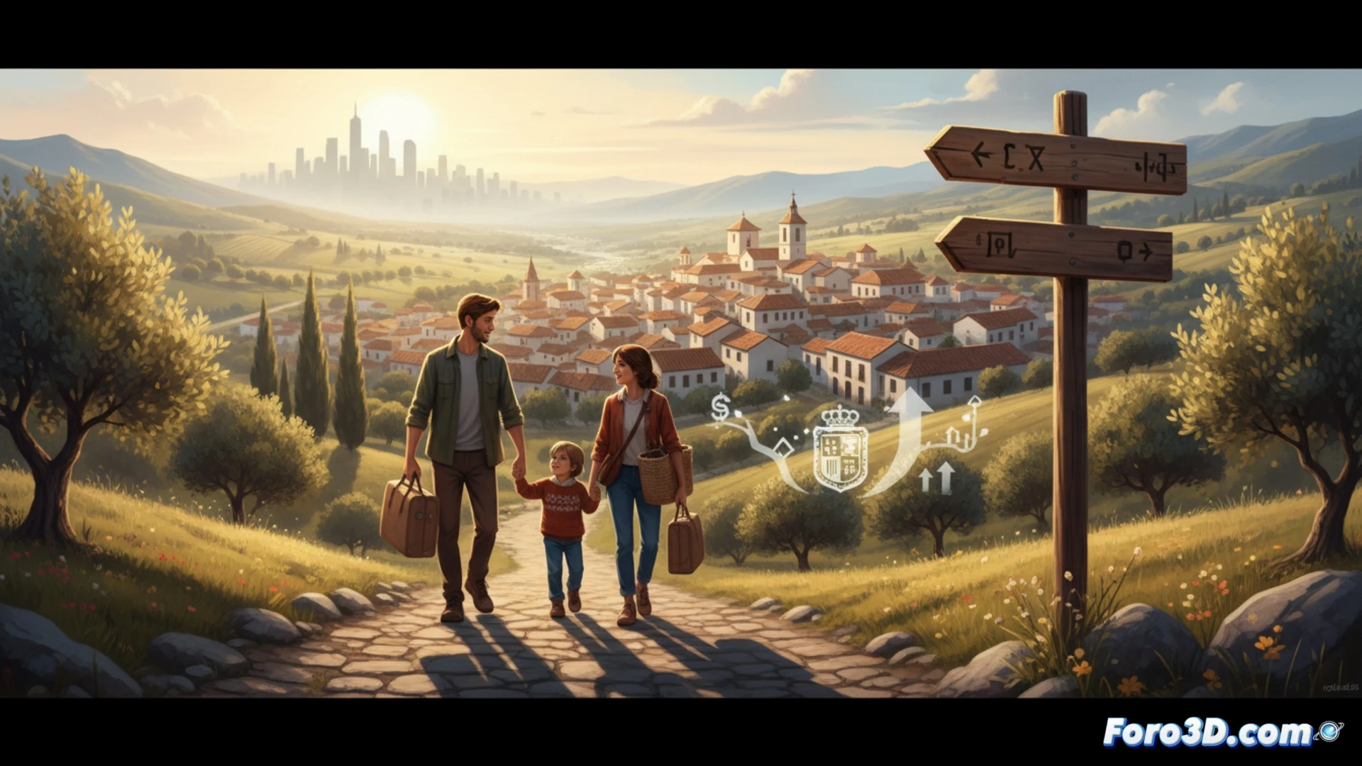 Un mapa de España con flechas de regreso y símbolos de euro sobre comunidades autónomas destacadas, como Asturias y Galicia.