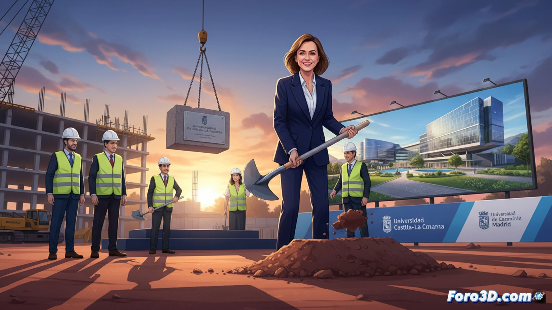 Isabel Díaz Ayuso coloca la primera piedra del campus biosanitario en Ciudad Real, con planos y casco.