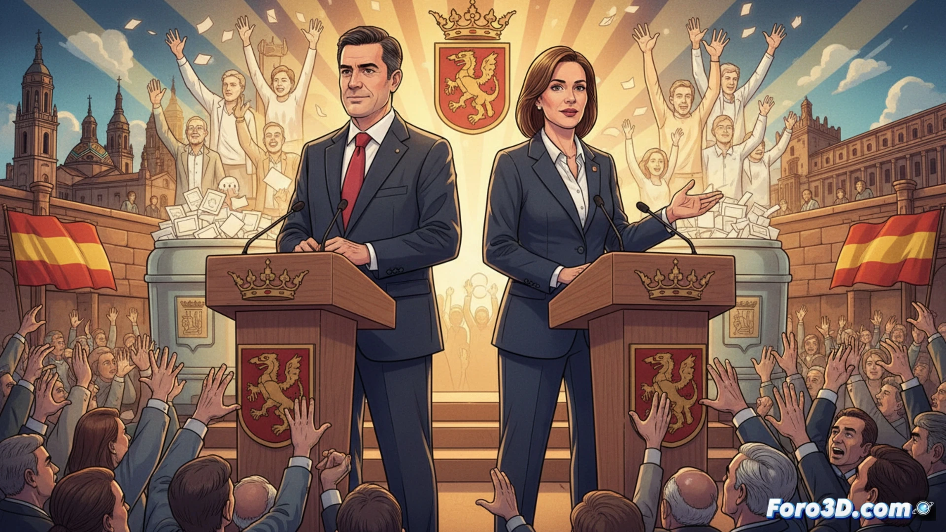 Jorge Azcón y Ana Marín, sonrientes, saludan en el Día de Aragón; al fondo, banderas y público.