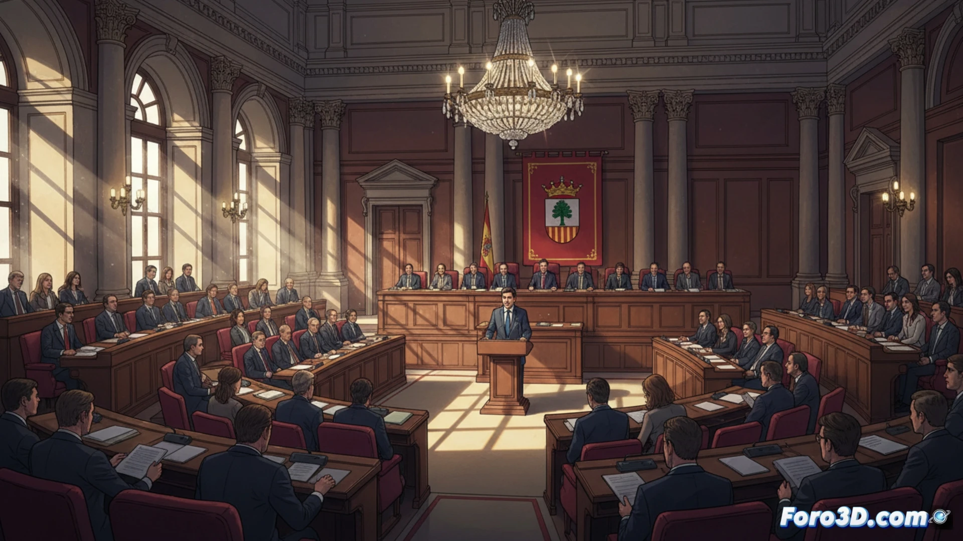 Jorge Azcón, de pie ante un atril, ofrece un discurso de investidura en un salón de cortes iluminado, con banderas de Aragón y España al fondo.