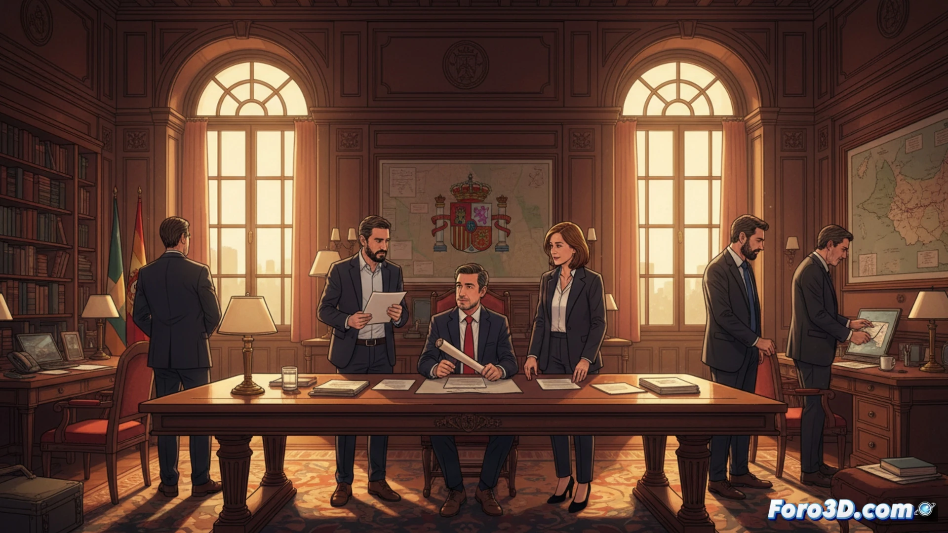 Jorge Azcón, de pie ante un atril, firma documentos mientras tres consejeros de Vox lo flanquean, con el escudo de Aragón al fondo y banderas de España y Aragón.