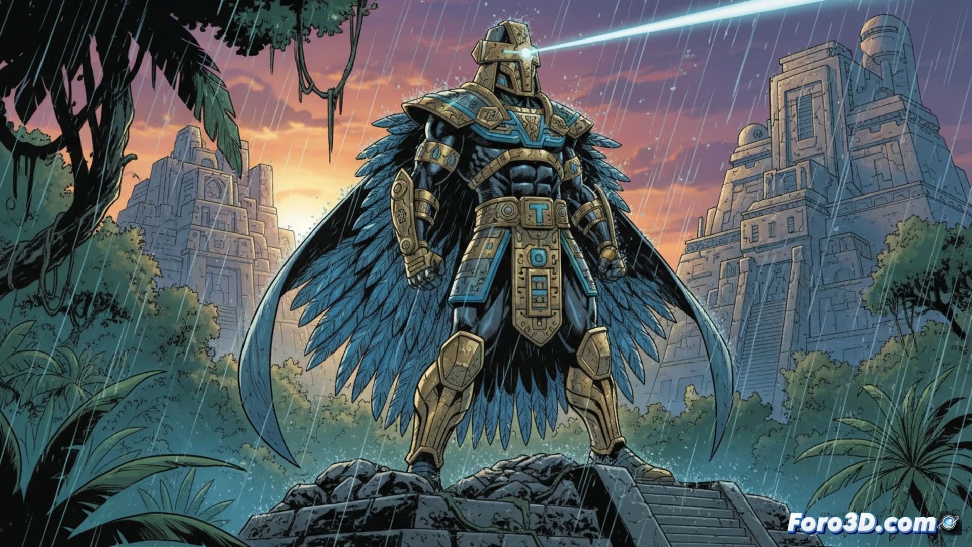 Un héroe con armadura dorada y azul, símbolo luminoso en el pecho, observa una ciudad moderna desde las alturas.