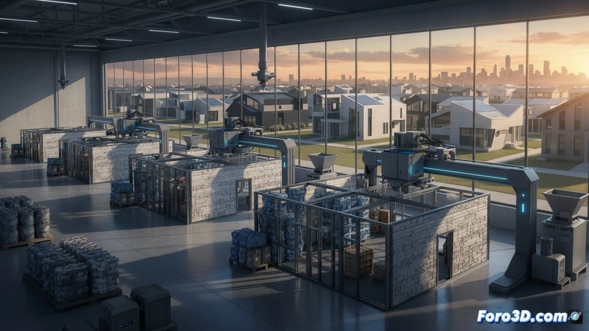 Vista interior de la nueva nave industrial de Azure en Denver, con impresoras 3D fabricando componentes de viviendas.