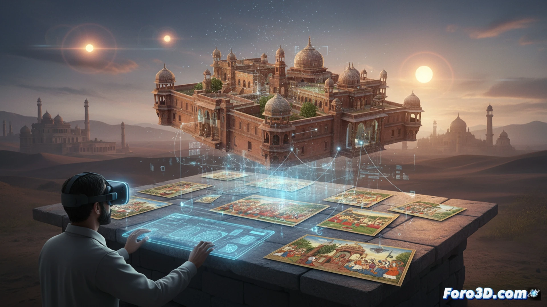 Reconstrucción digital 3D de la arquitectura mogol descrita en las memorias del emperador Babur, mostrando fuertes y jardines.