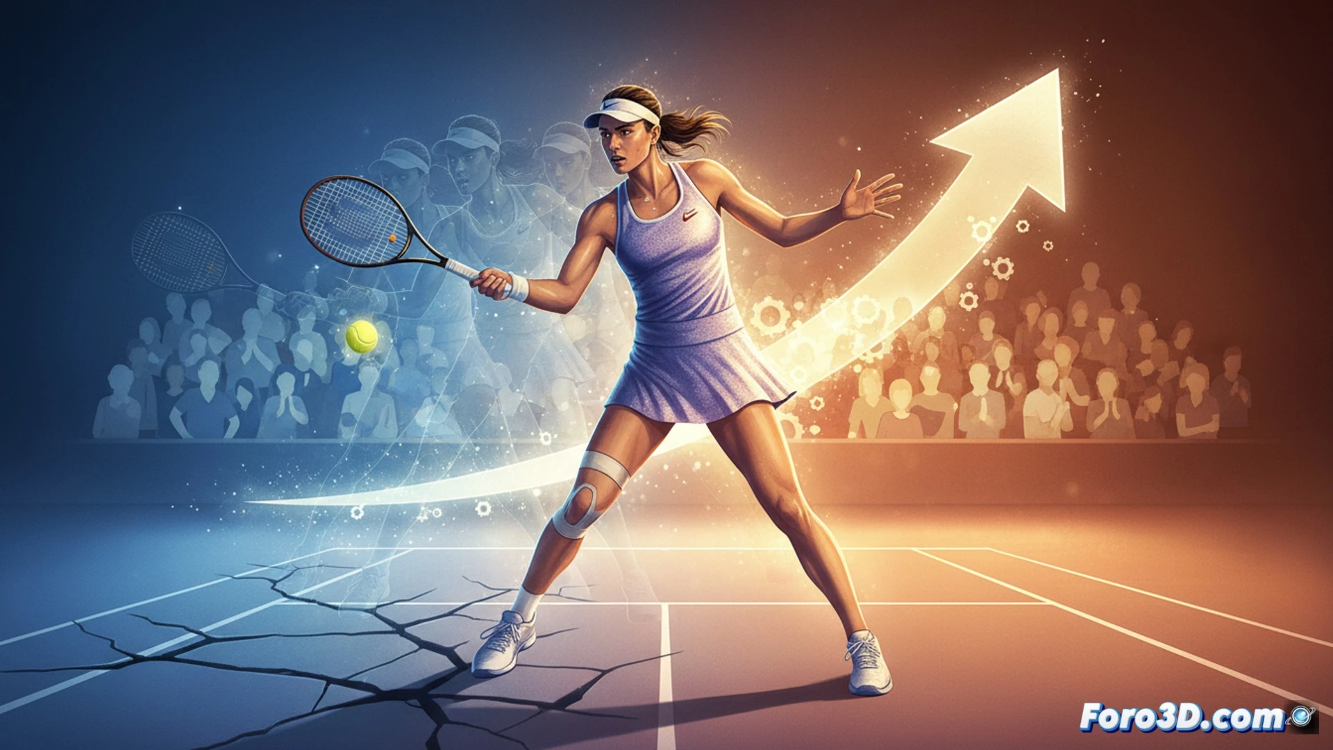 Paula Badosa en un gimnasio, concentrada en un ejercicio de rehabilitación bajo supervisión, con expresión de esfuerzo y determinación.