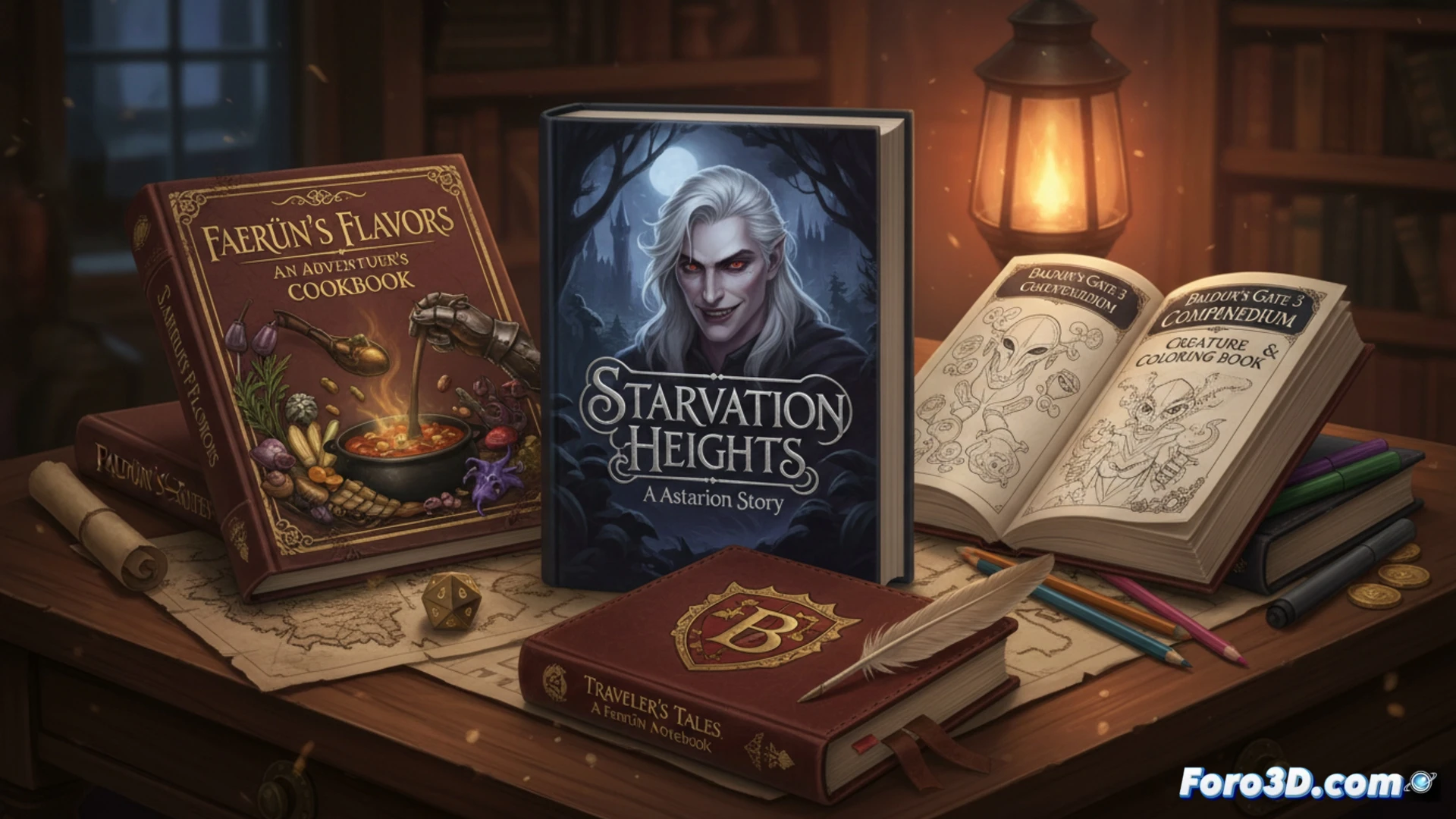 Un elegante vampiro pícaro hojea un grimorio junto a platos humeantes y un libro para colorear abierto, bajo la luz de una luna llena.