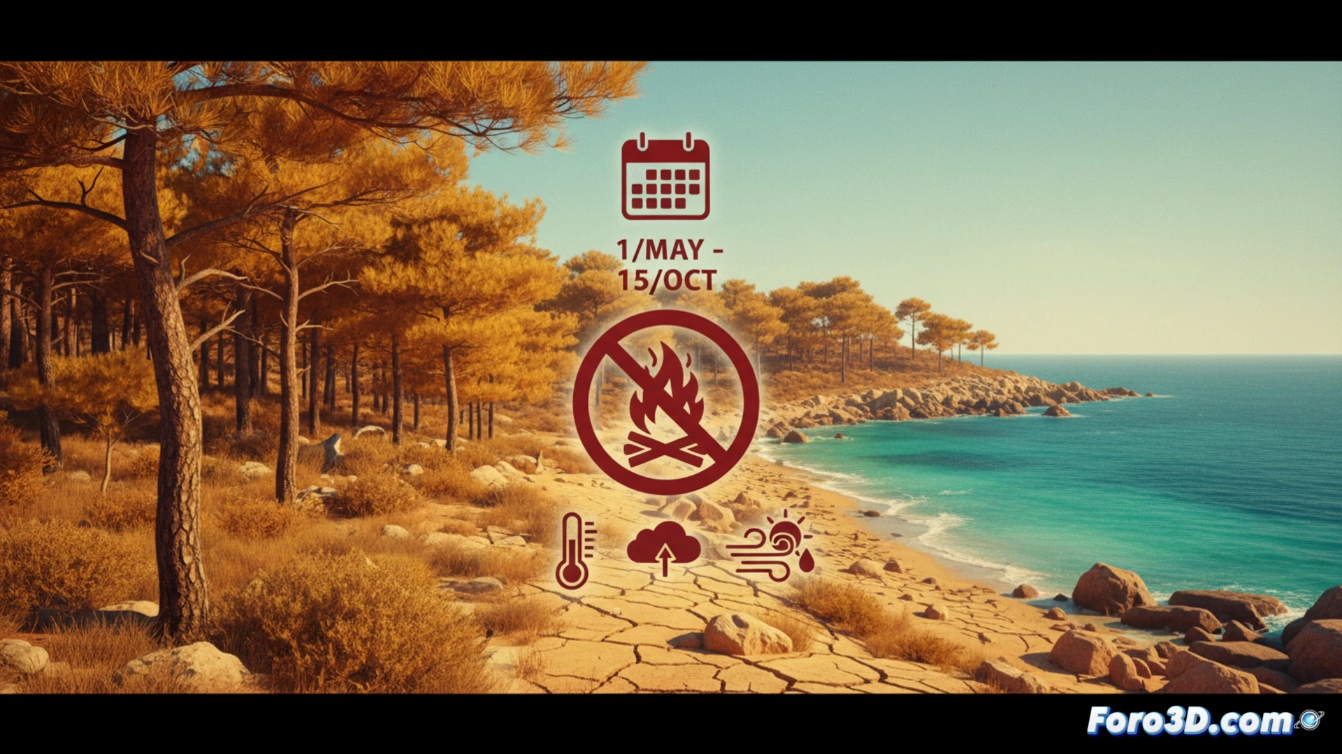 Paisaje seco de Mallorca bajo sol intenso, con un cartel de prohibido hacer fuego y un bosque al fondo bajo cielo caluroso.