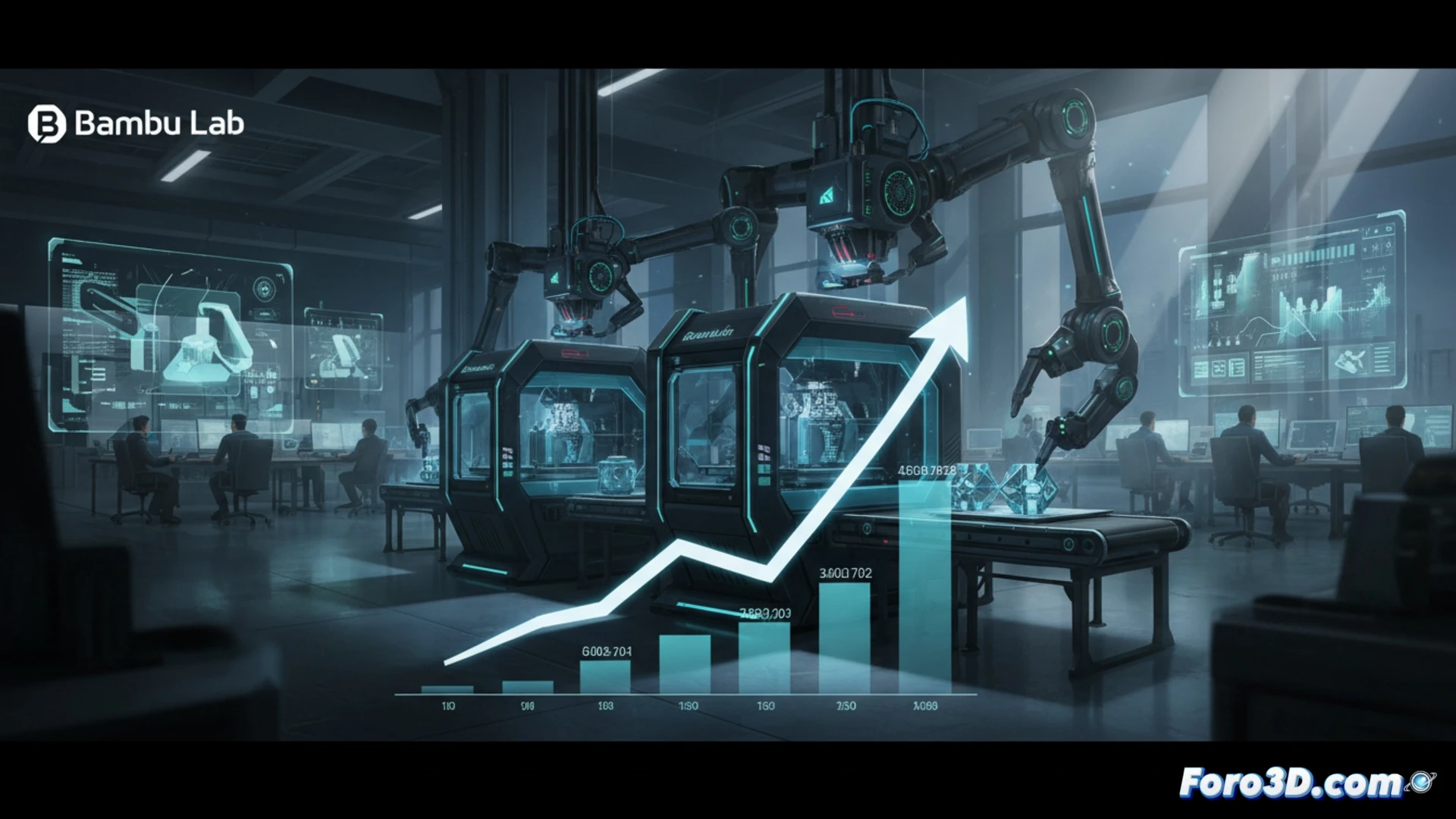 Una moderna impresora 3D de Bambu Lab imprimiendo un objeto complejo a gran velocidad y con automatización.