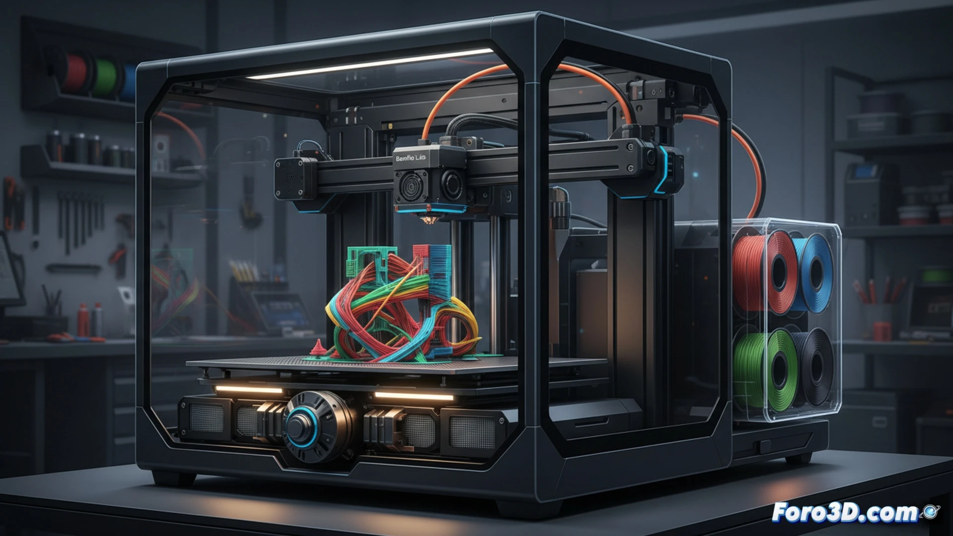 Impresora 3D Bambu Lab X2D con su innovador sistema de doble cabezal de cambio mecánico en primer plano.