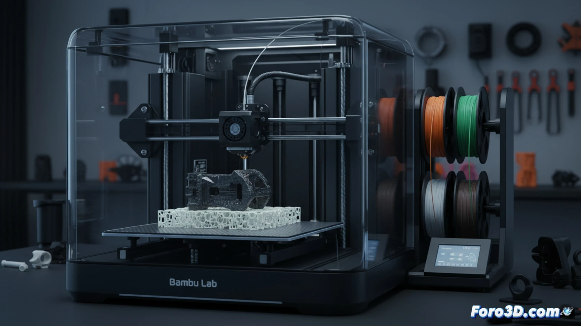 Impresora 3D Bambu Lab X2D con doble boquilla: una boquilla imprime el modelo en azul y otra el soporte en blanco, sobre una mesa de trabajo con pieza terminada sin residuos.