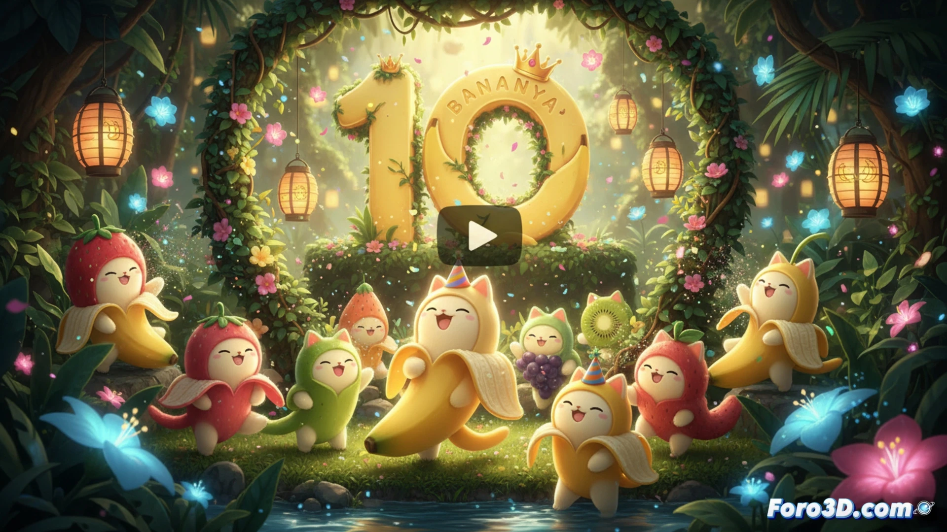 Un gato plátano amarillo celebra sobre un fondo festivo, con el logo de YouTube y el número 10.