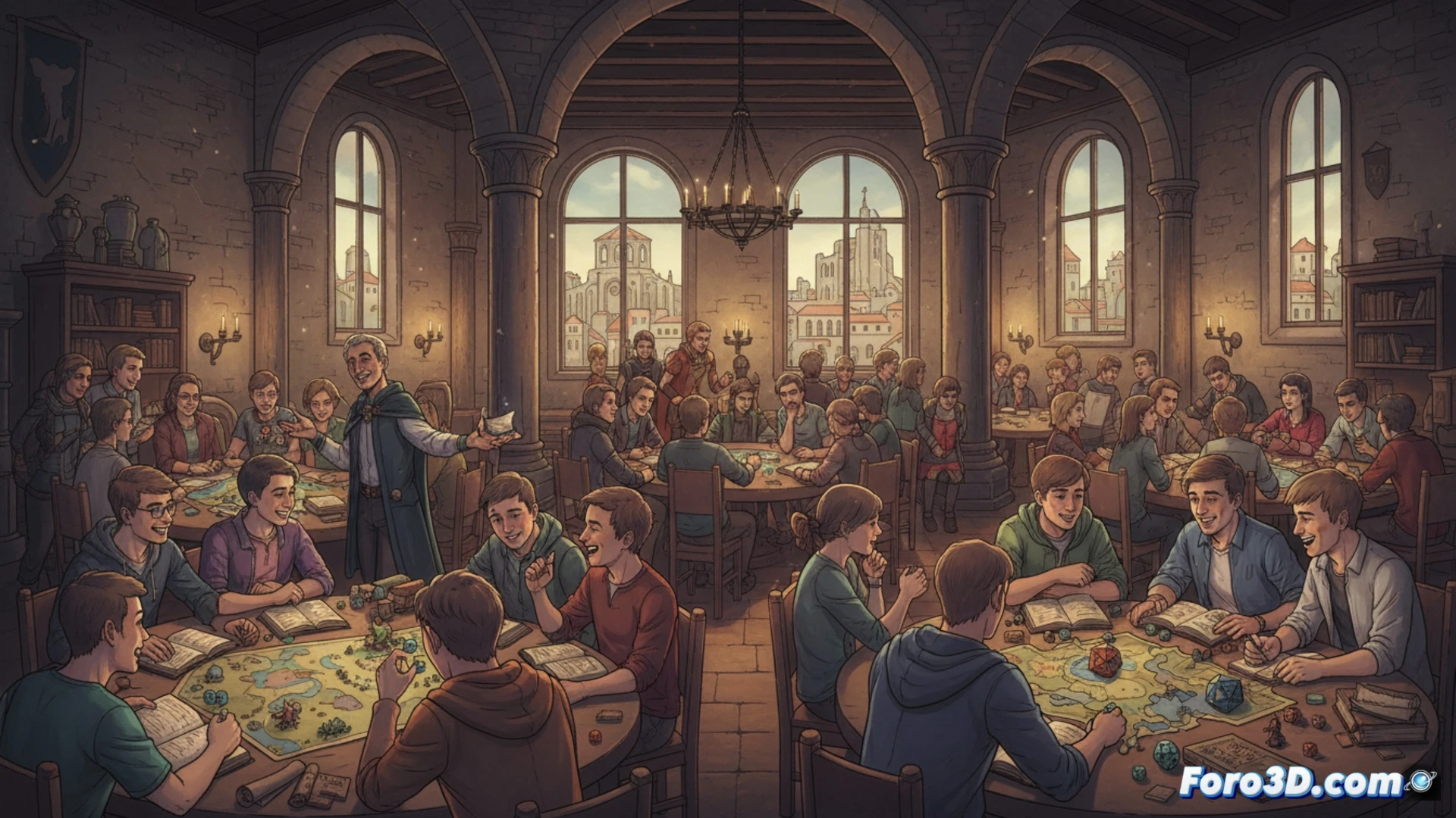 Grupo diverso sonriente alrededor de mesa con dados, fichas y mapas de fantasía, aprendiendo rol.