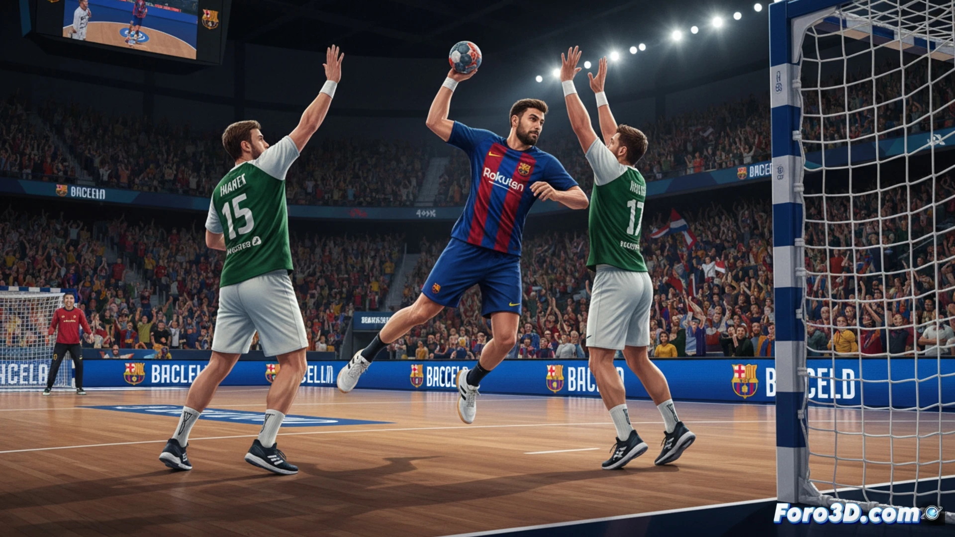 Balonmano: jugadores del Barça en acción ante el HBC Nantes, con afición francesa al fondo.