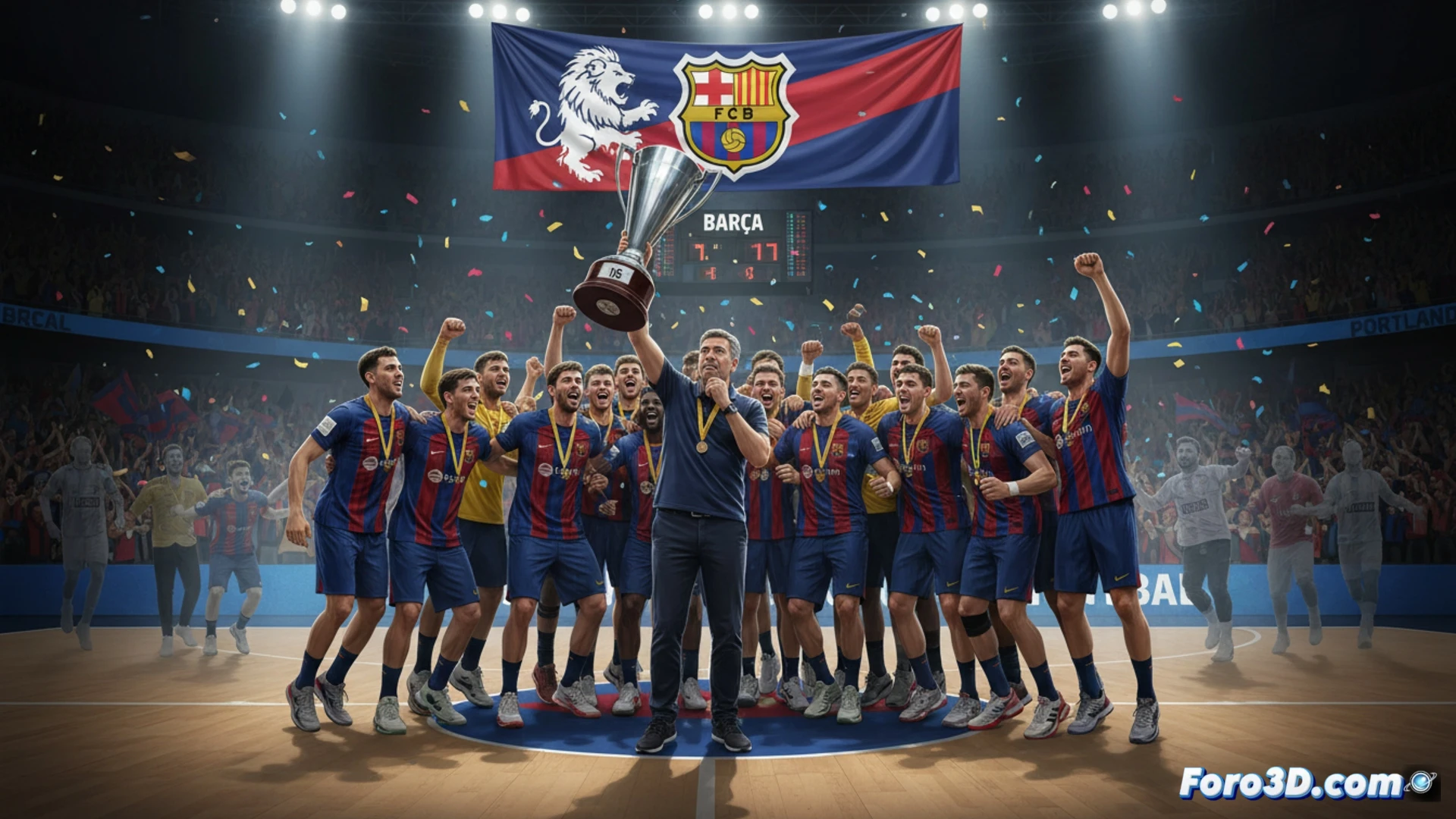 Un jugador del Barça levanta el trofeo de la Liga Asobal, solo en la cancha vacía, reflejando dominio absoluto y falta de emoción.