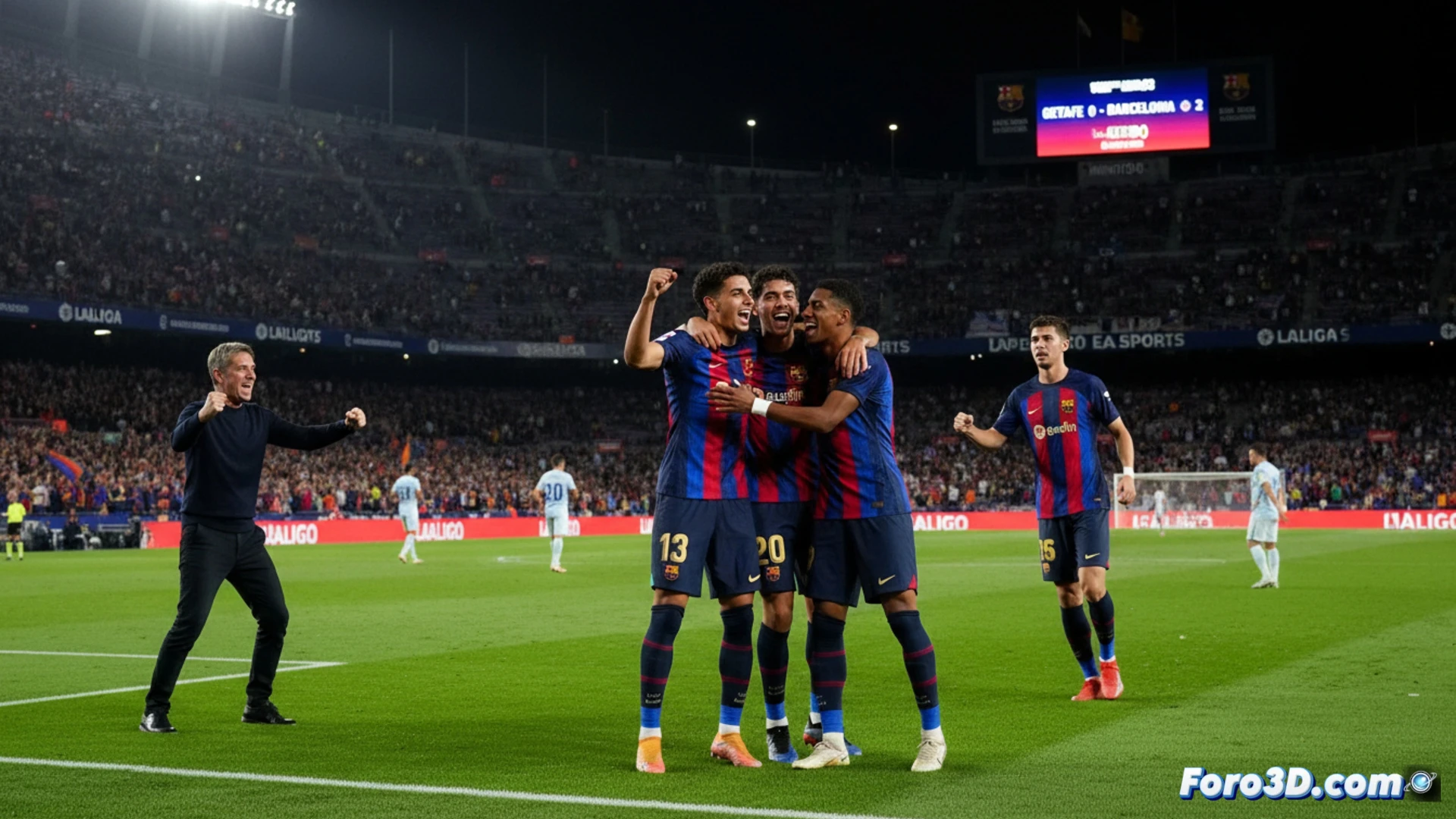 Jugadores del Barça celebran el gol de Rashford en el Coliseum, con Pedri y Fermín abrazados y el marcador 0-2 al fondo.