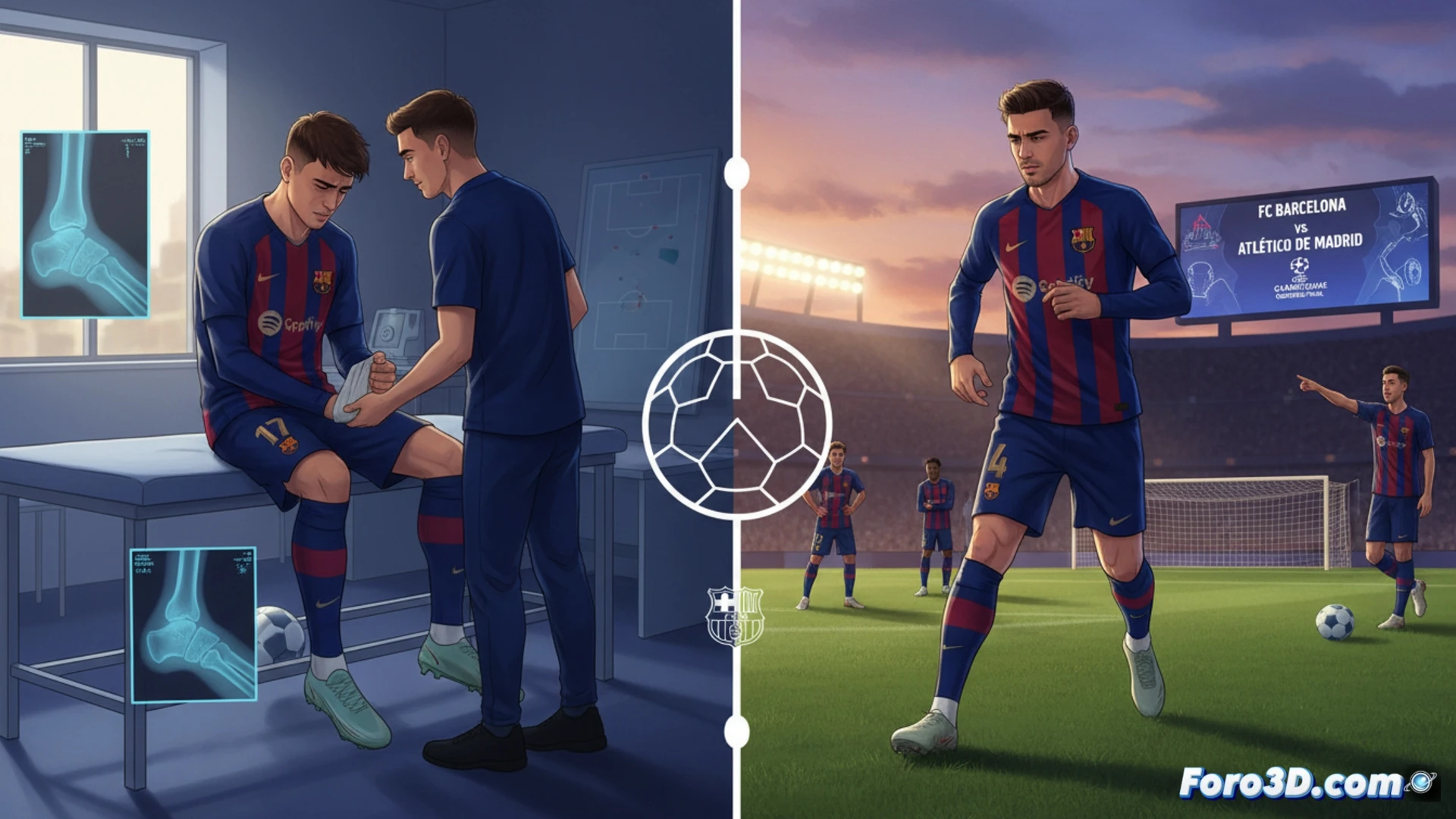 Dos futbolistas del Barcelona en tratamiento. Uno con tobillo vendado, otro en fisioterapia. Fondo de estadio y logotipo médico.