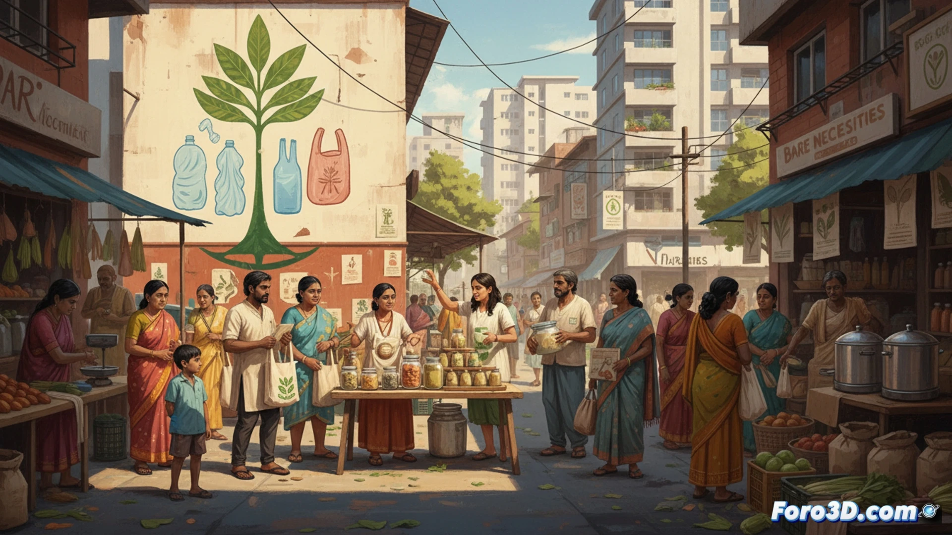 Una educadora muestra alternativas sostenibles a plásticos de un solo uso en un mercado local de Bangalore.