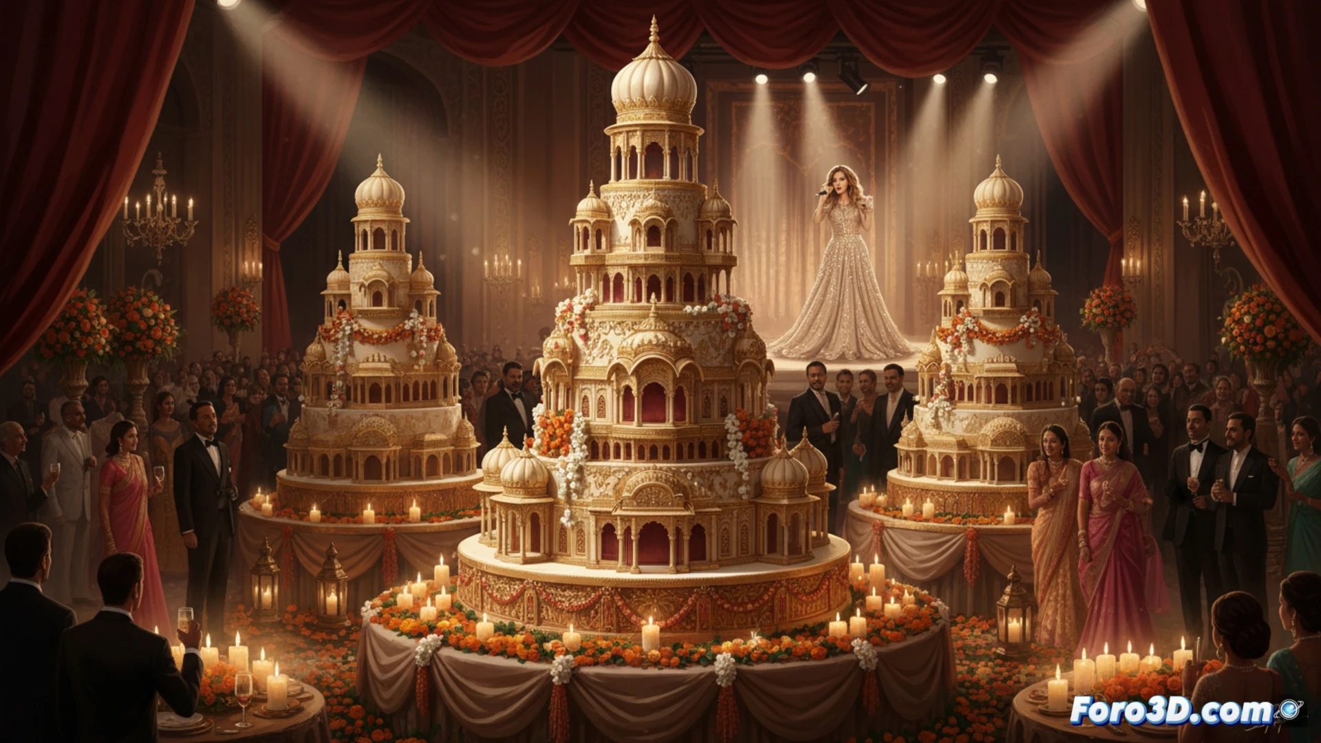 Un pastelero francés junto a una tarta monumental de varios metros, decorada como un palacio de Rajasthan, con detalles dorados y flores.