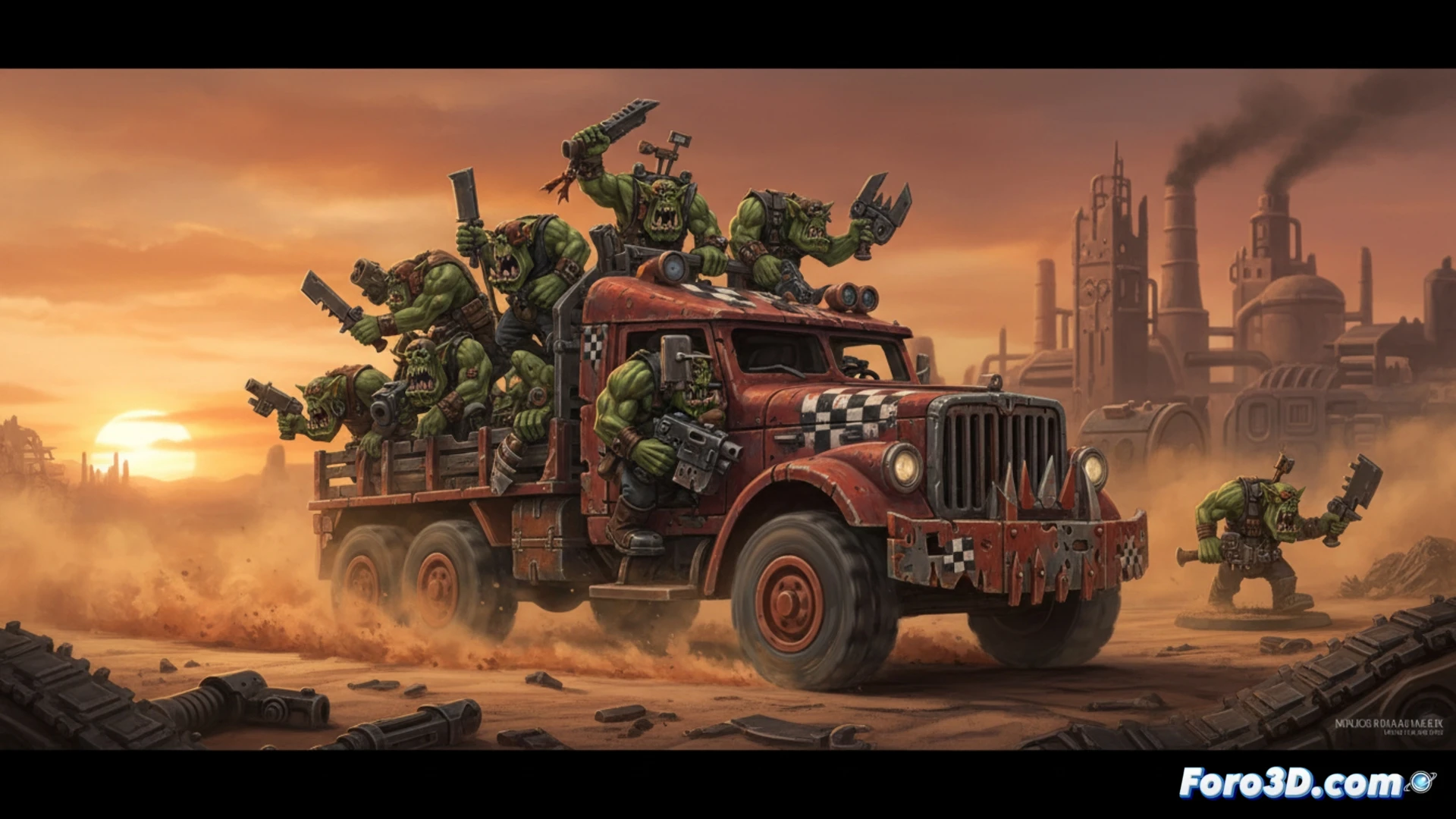 Caja Batallón Armageddon orka, con vehículos destrozados y tropas verdes listas para la Edición 11.