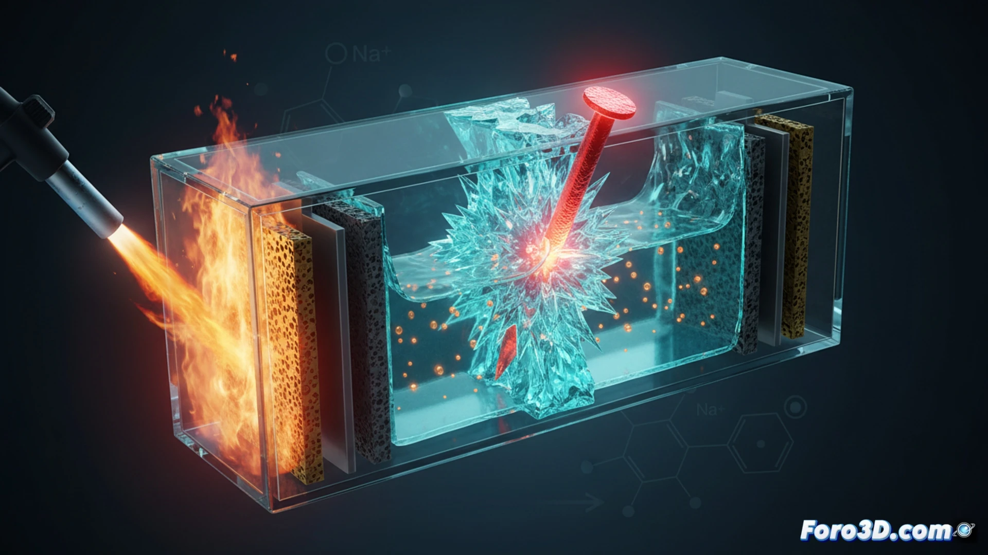 Prototipo de batería de sodio en prueba de penetración con clavo, mostrando estabilidad térmica extrema sin incendio.