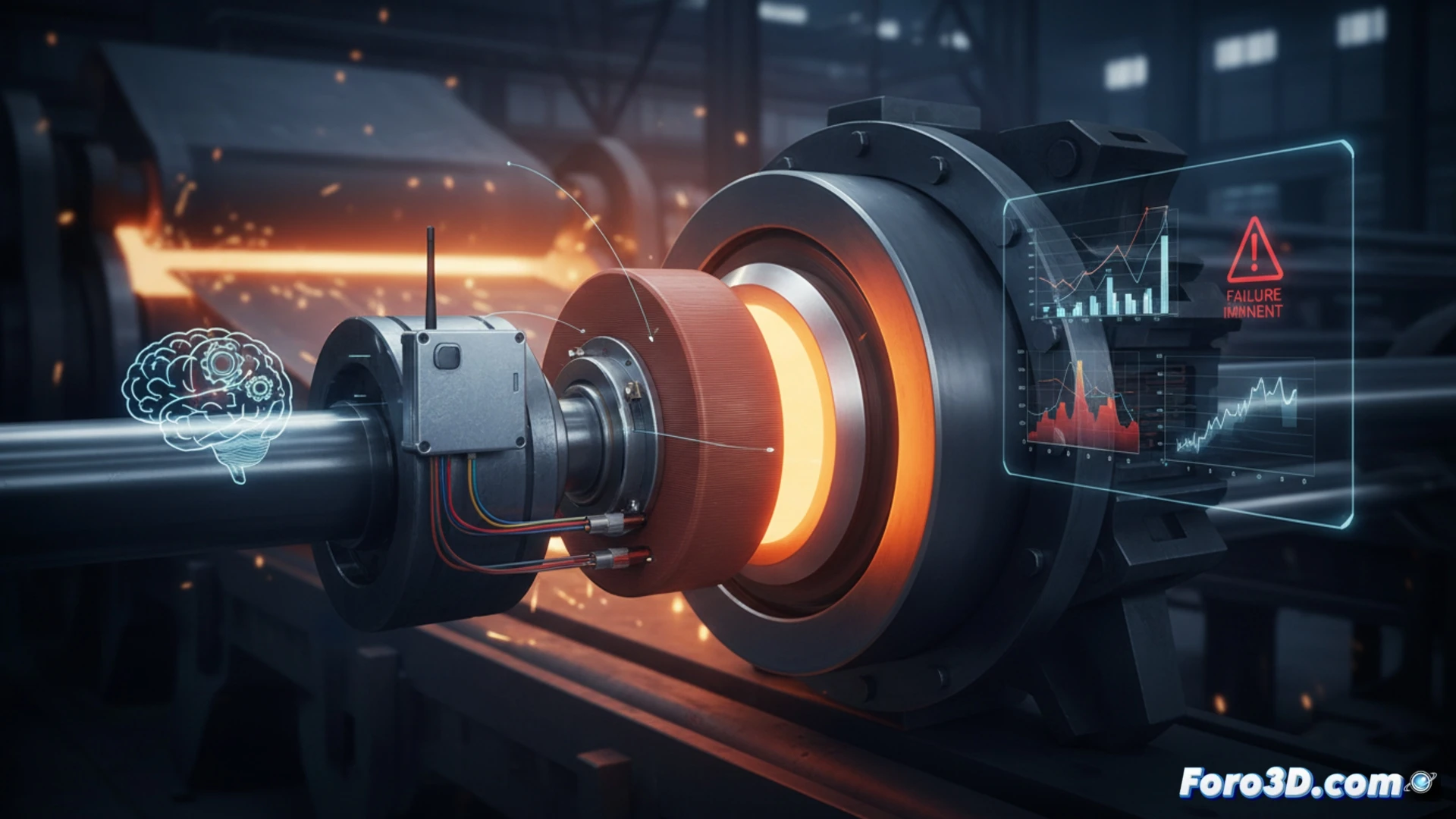 Batería de óxido sólido impresa en 3D, instalada en el eje de un tren de laminación de acero, alimenta un sensor que vigila vibración y temperatura para anticipar averías industriales.