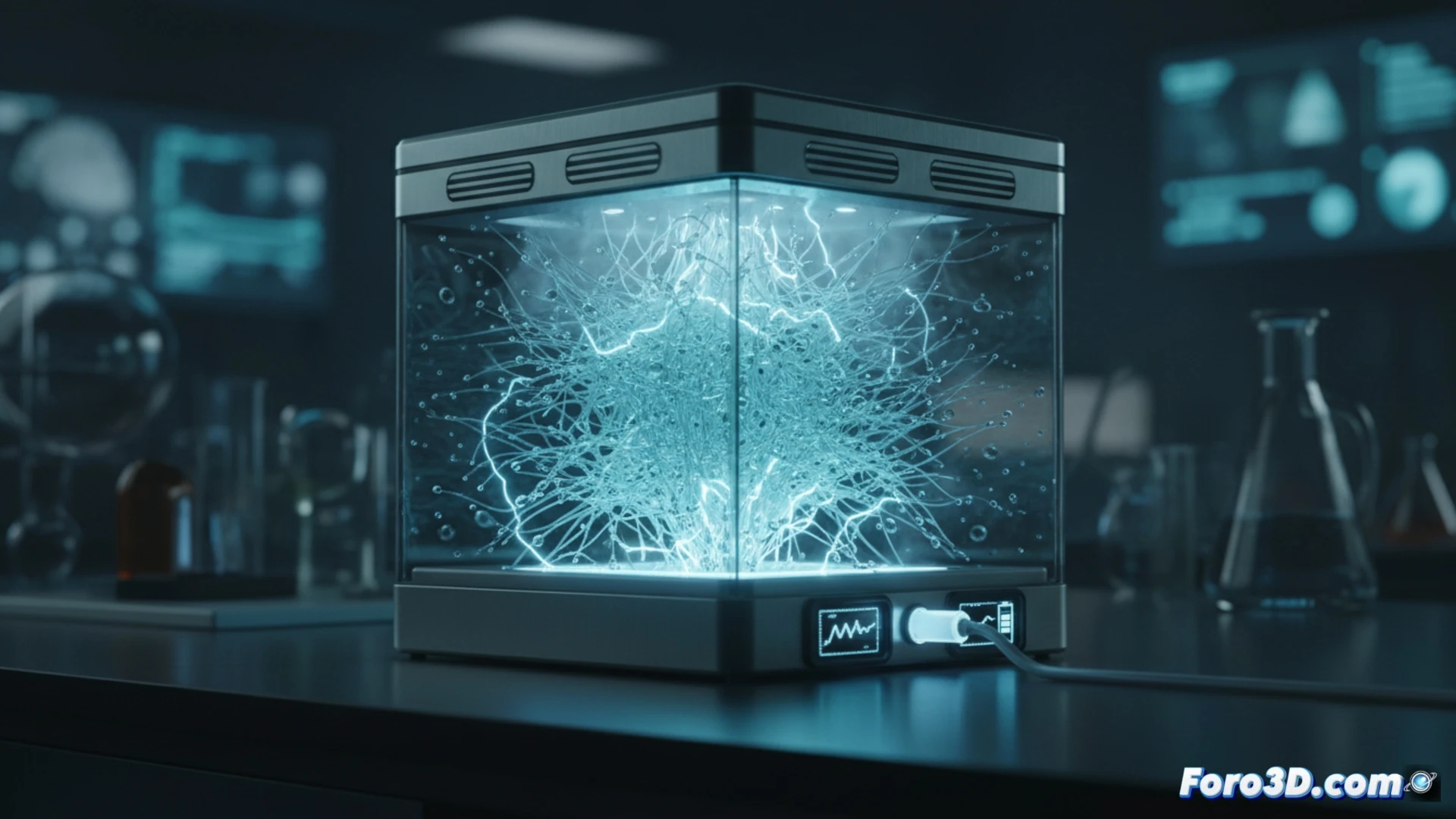 Representación 3D de una batería de diamante mostrando su estructura interna y el flujo de electrones desde el carbono-14.