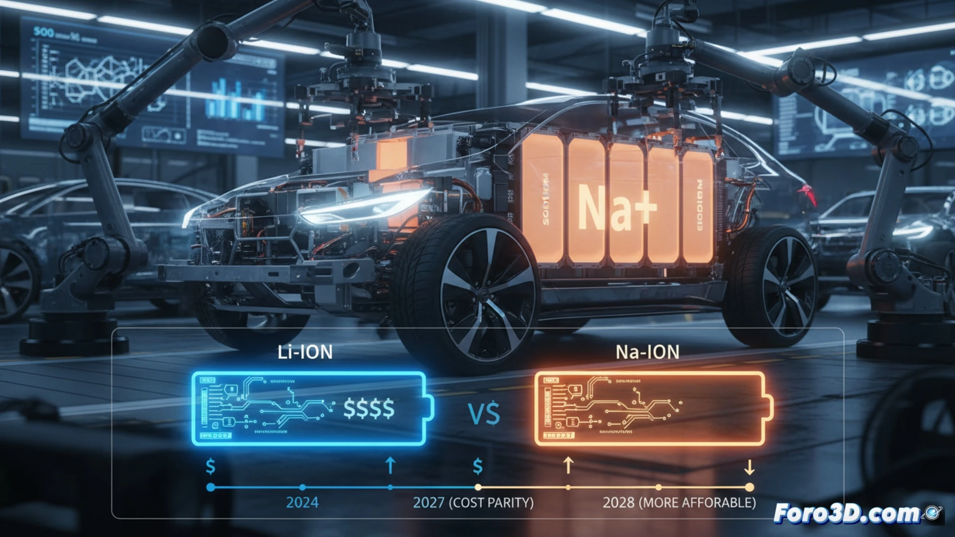 Una batería de sodio, con su ánodo metálico plateado, se muestra junto a componentes de litio. Gráficos de precios descendentes y un coche eléctrico al fondo ilustran su futuro competitivo.