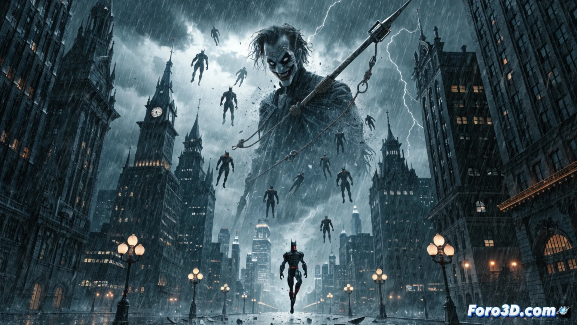 Una escena oscura con el Joker y un joven Robin en la Baticueva, mientras Batman observa desde las sombras.