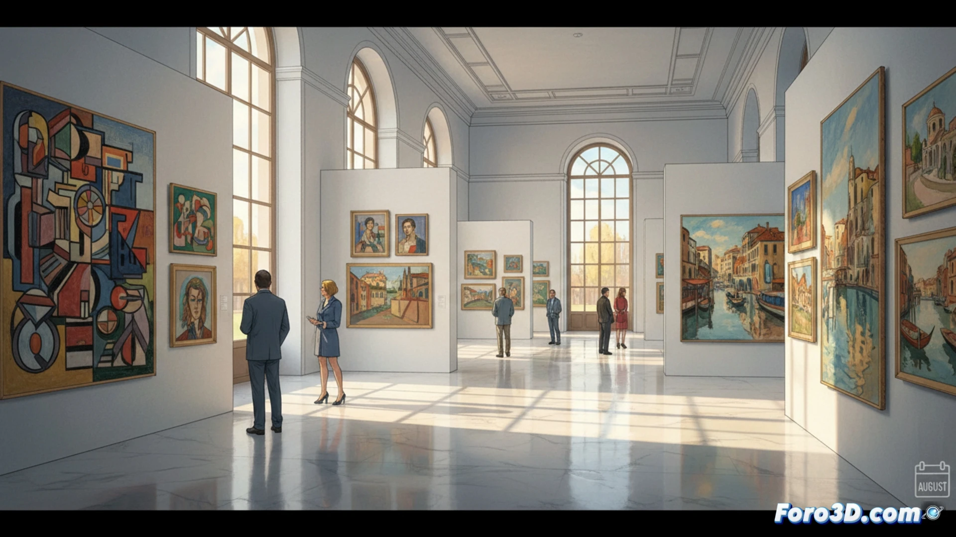 Un vitral abstracto en tonos ocres y azules, con formas geométricas y un arco clásico, evoca la fusión Bauhaus-Roma.