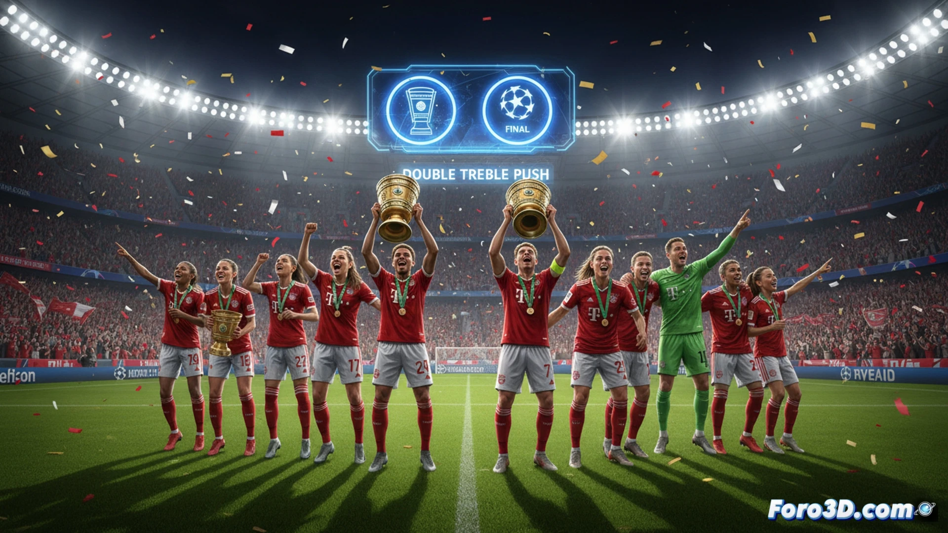 Bayern Múnich, con sus escudos masculino y femenino, avanza hacia un doble triplete histórico en una imagen de celebración.