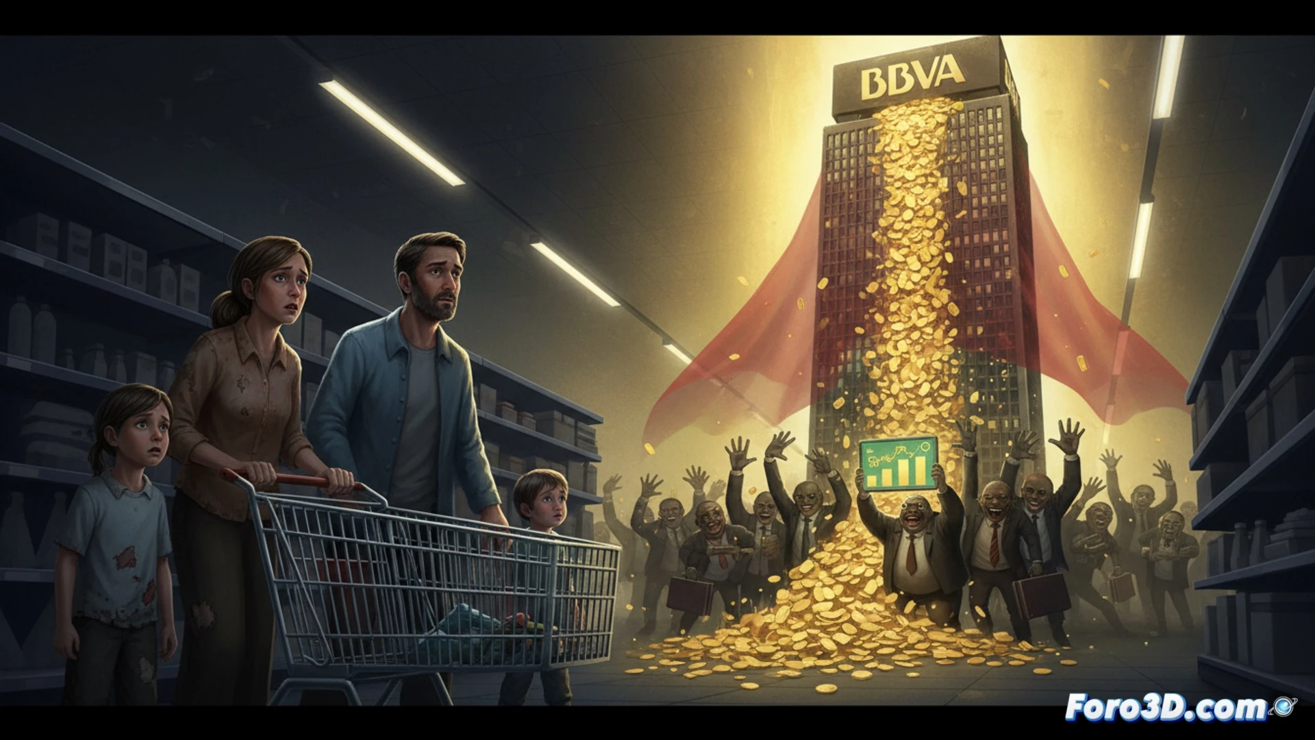 Un ejecutivo sonriente sostiene un gráfico de ganancias en ascenso, mientras al fondo una familia revisa un carrito de compras casi vacío.