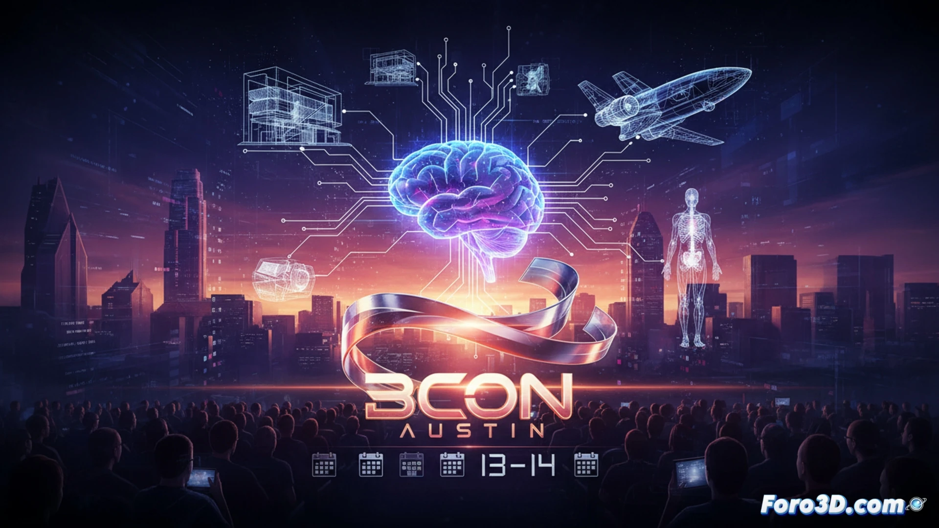 Una sala de conferencias llena, con presentaciones de gráficos 3D de escenas forenses y prototipos aeroespaciales creados en Blender.