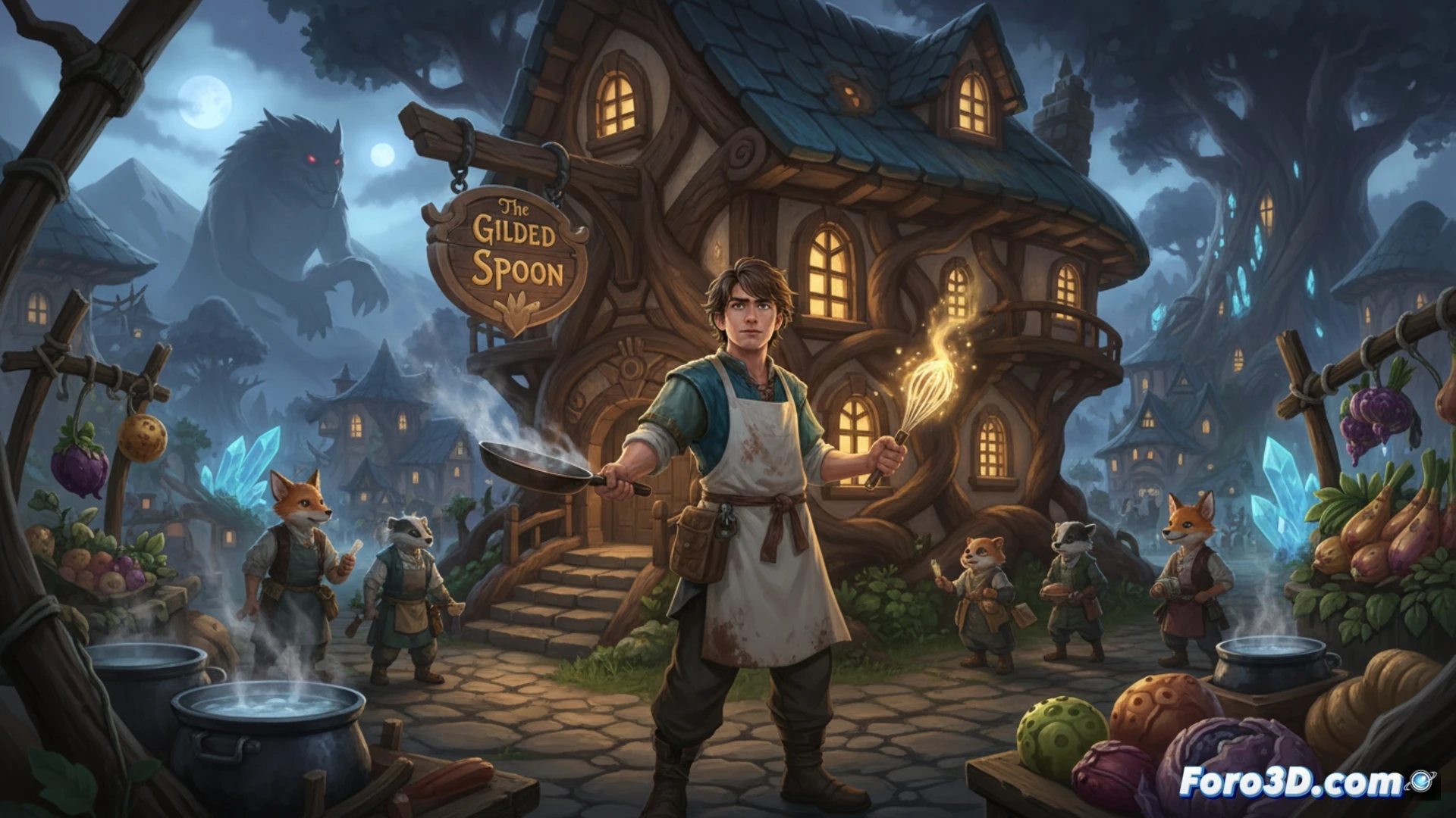 Un chef con gorro blanco sostiene un cucharón encendido junto a un caldero mágico, rodeado de ingredientes flotantes y criaturas fantásticas en una aldea de cuento.