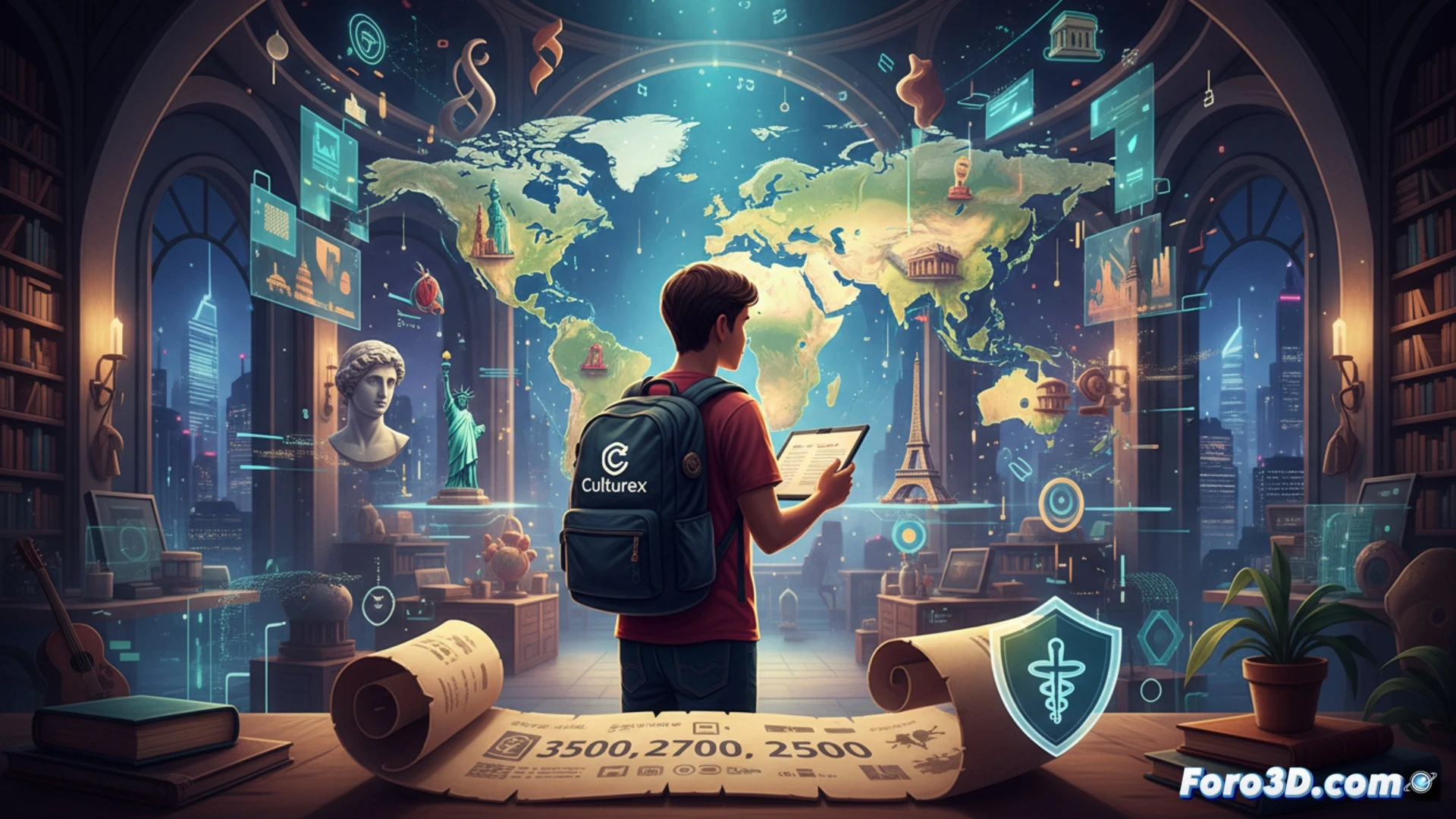 Un joven recibe su beca Culturex frente a un mapa mundial con iconos de museos y embajadas.