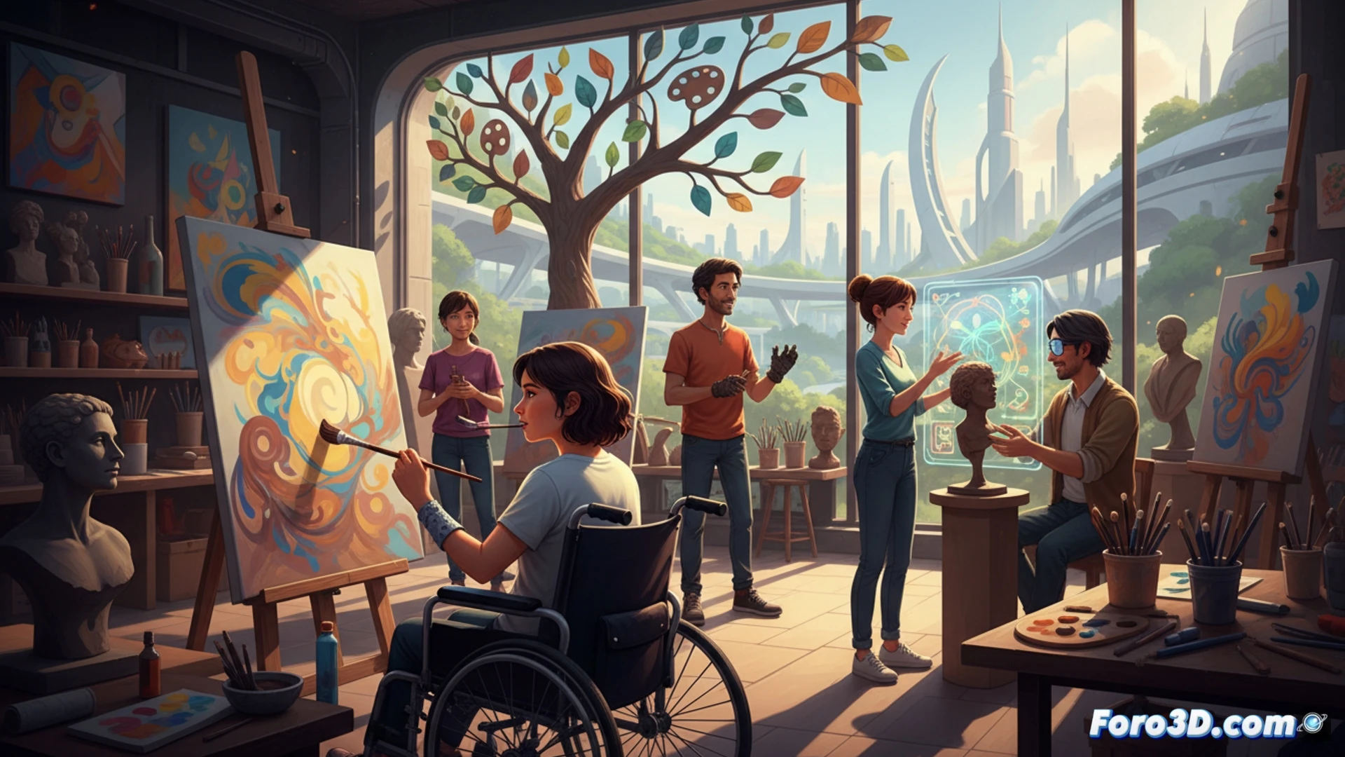 Una mano pintando con un pincel sobre un lienzo, junto a una silla de ruedas y un bastón blanco, bajo un arcoíris de colores vibrantes.